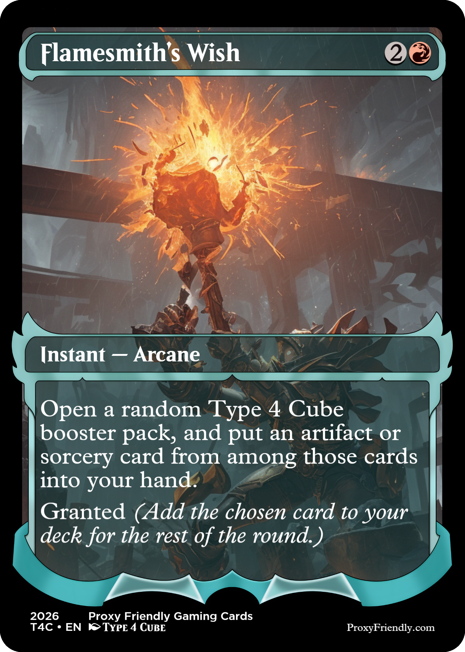 Magic card titled 'Flamesmith's Wish' showing a dwarf blacksmith wielding a flaming torch in a forge.