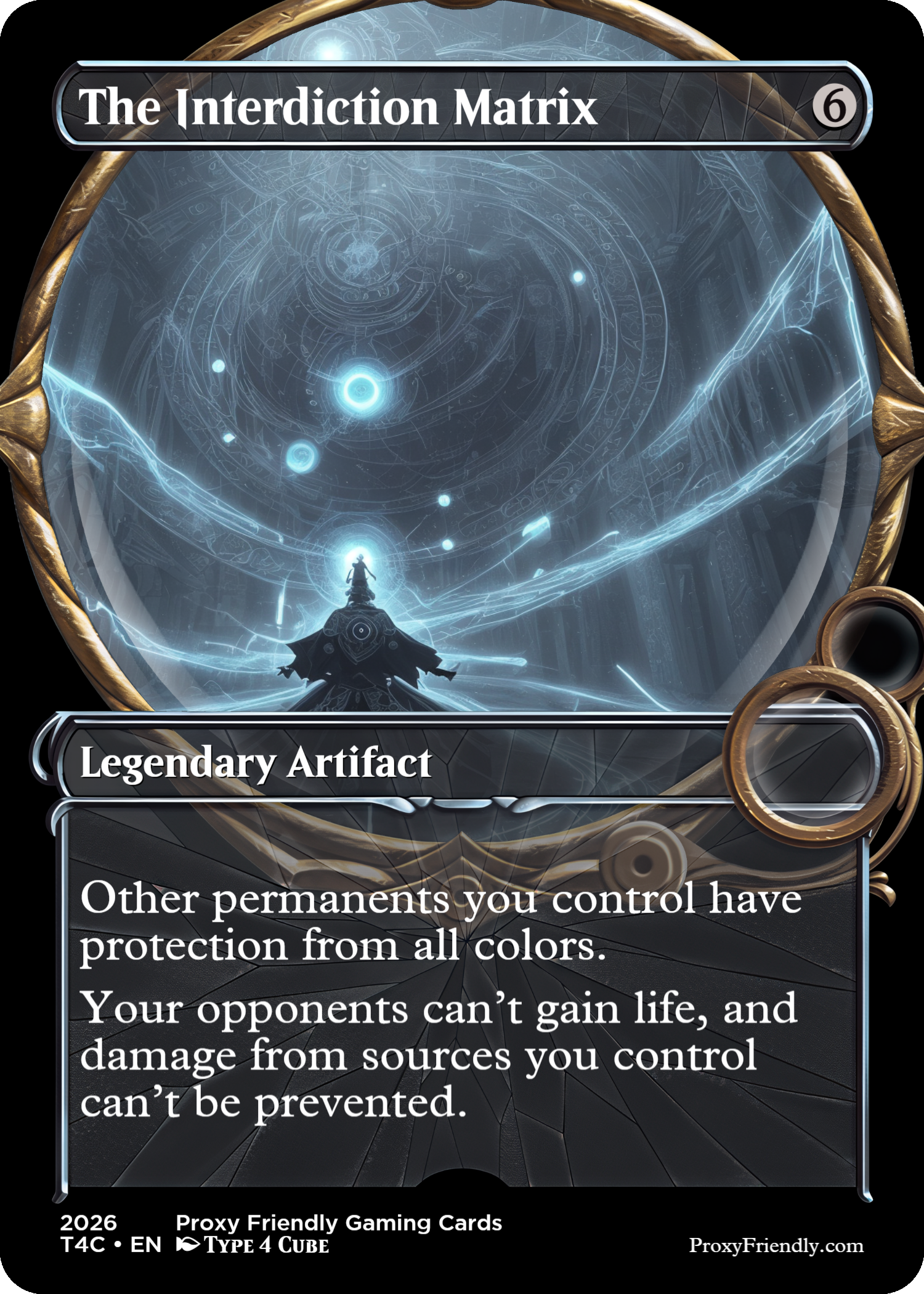 A game card titled "The Interdiction Matrix" with a futuristic, glowing blue design featuring a figure in a meditative pose overlooking a swirling cosmic scene. The card is labeled as a legendary artifact with descriptions about providing protection from all colors and preventing opponents from gaining life or damage.