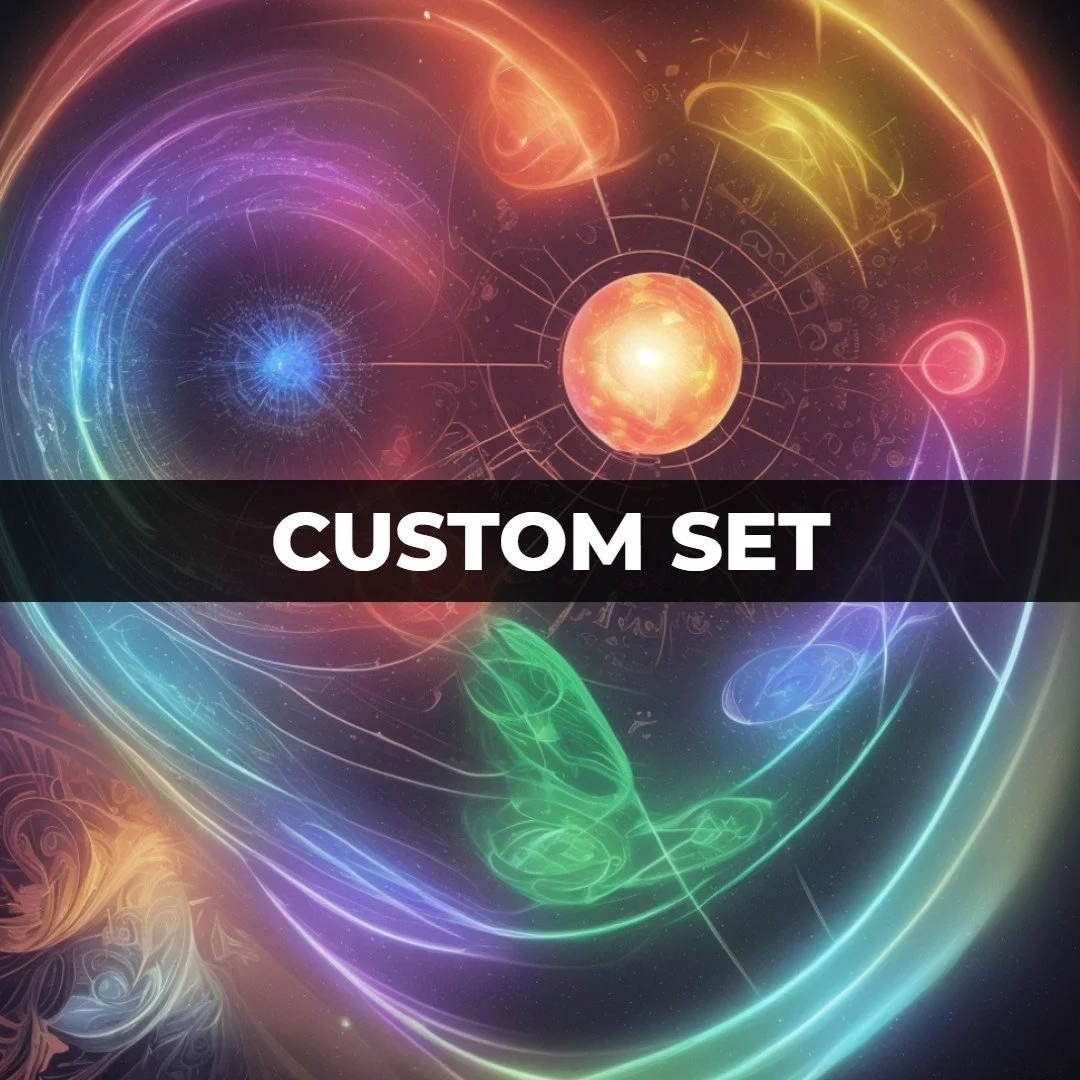 Colorful abstract cosmic or space-themed digital art with swirling lines, glowing orbs, and intricate patterns, overlaid with the text "CUSTOM SET".