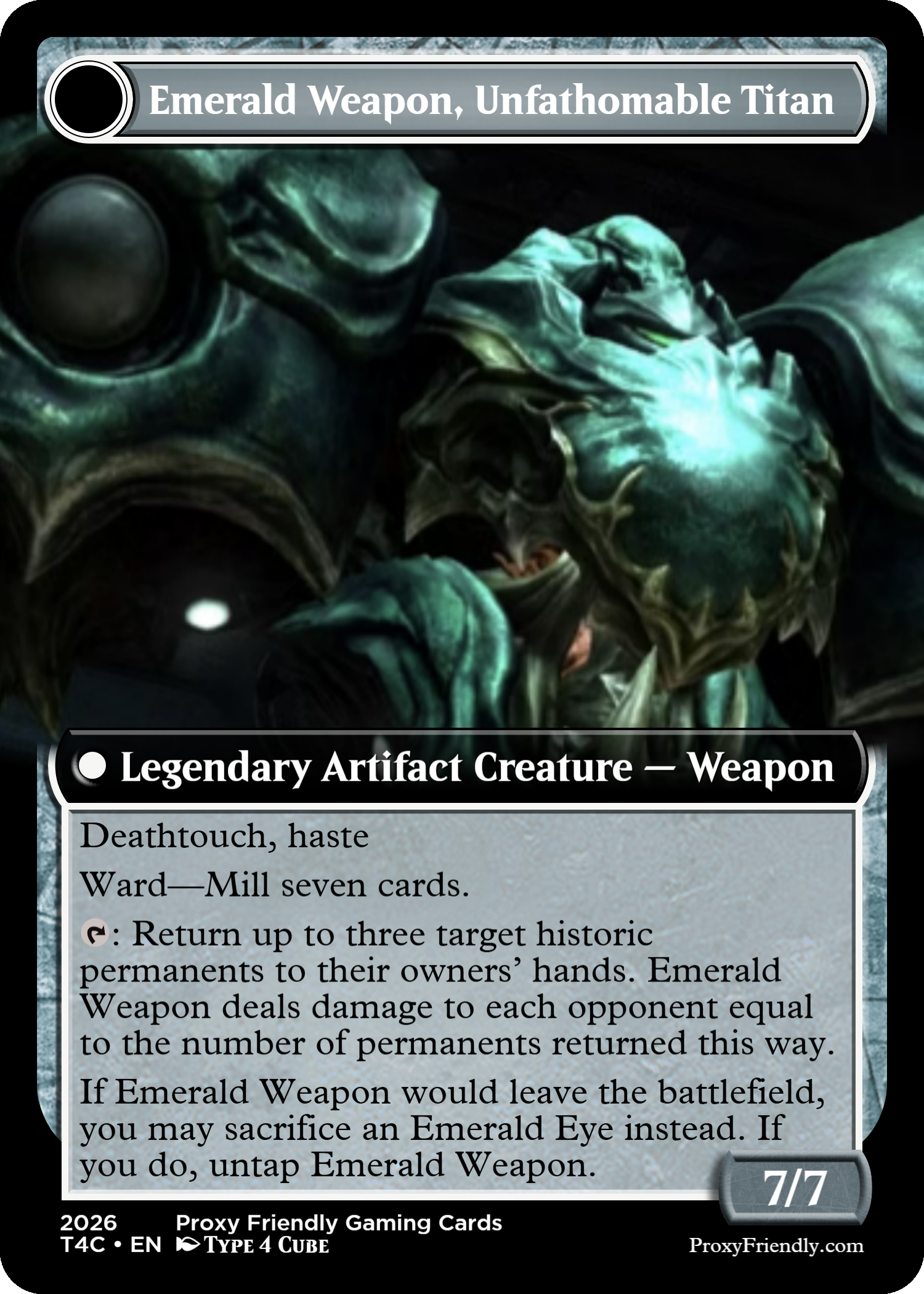 A gaming card titled 'Emerald Weapon, Unfathomable Titan' showing a close-up of a monstrous creature with greenish skin, sharp teeth, and armored features.