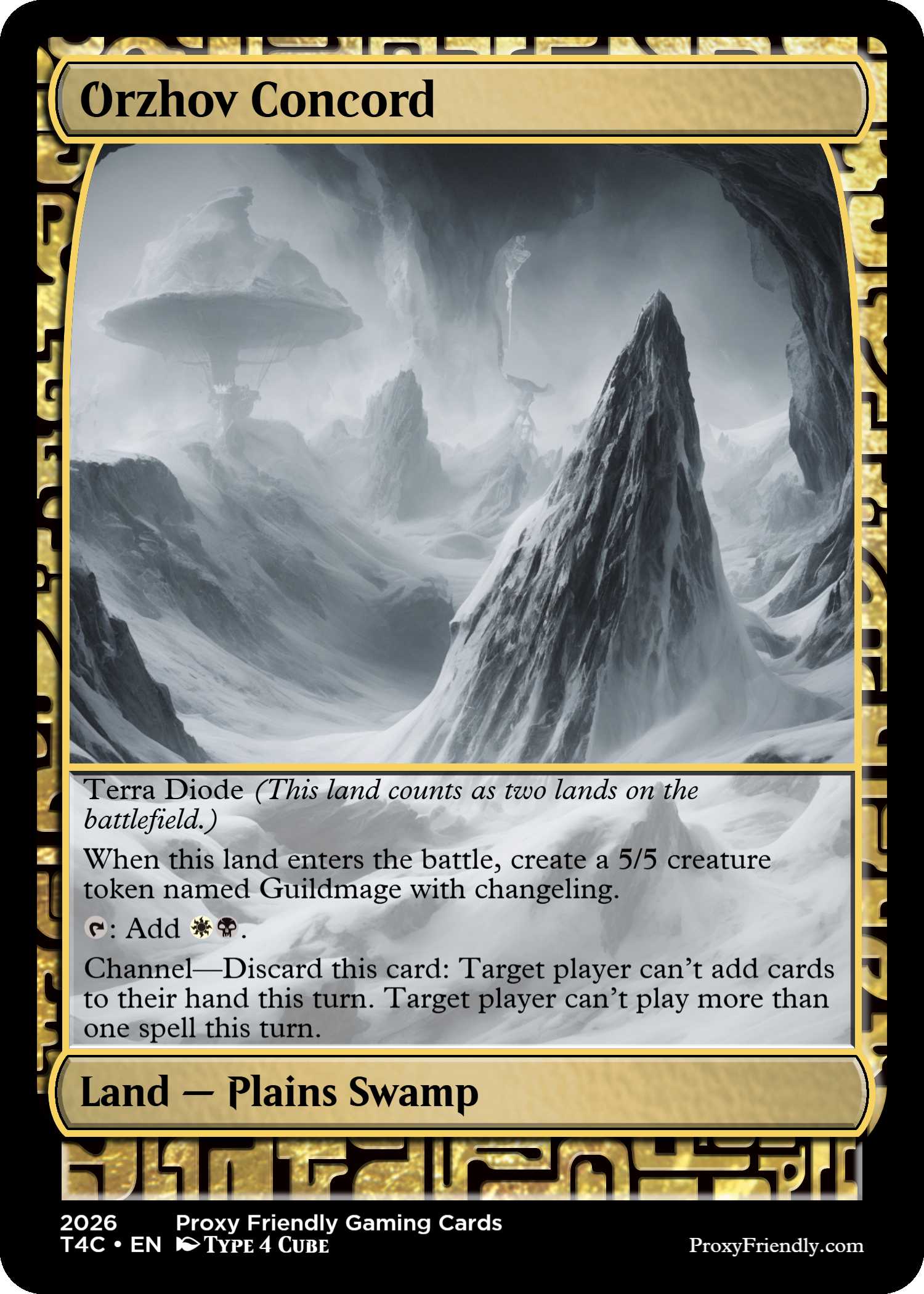 A fantasy landscape with snowy mountains, floating islands, and mysterious structures in a dark, foggy sky.