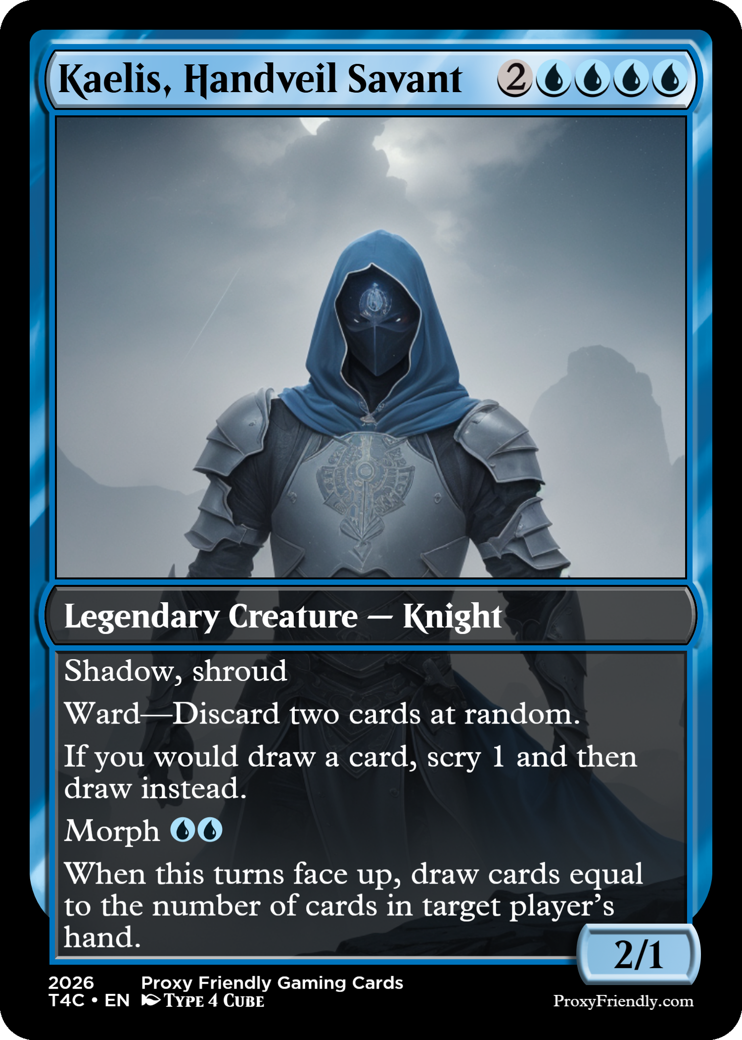 A fantasy-style digital illustration of a knight in armor with a dark face mask, wearing a blue hooded cloak and armor with intricate patterns, standing against a misty mountain landscape under a cloudy sky.