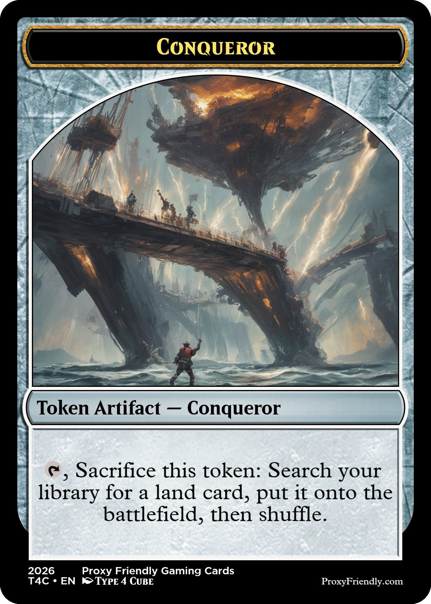 Fantasy artwork depicting a large, floating ruined structure in a stormy sky with lightning, people on a bridge, and a person with a backpack in the water.