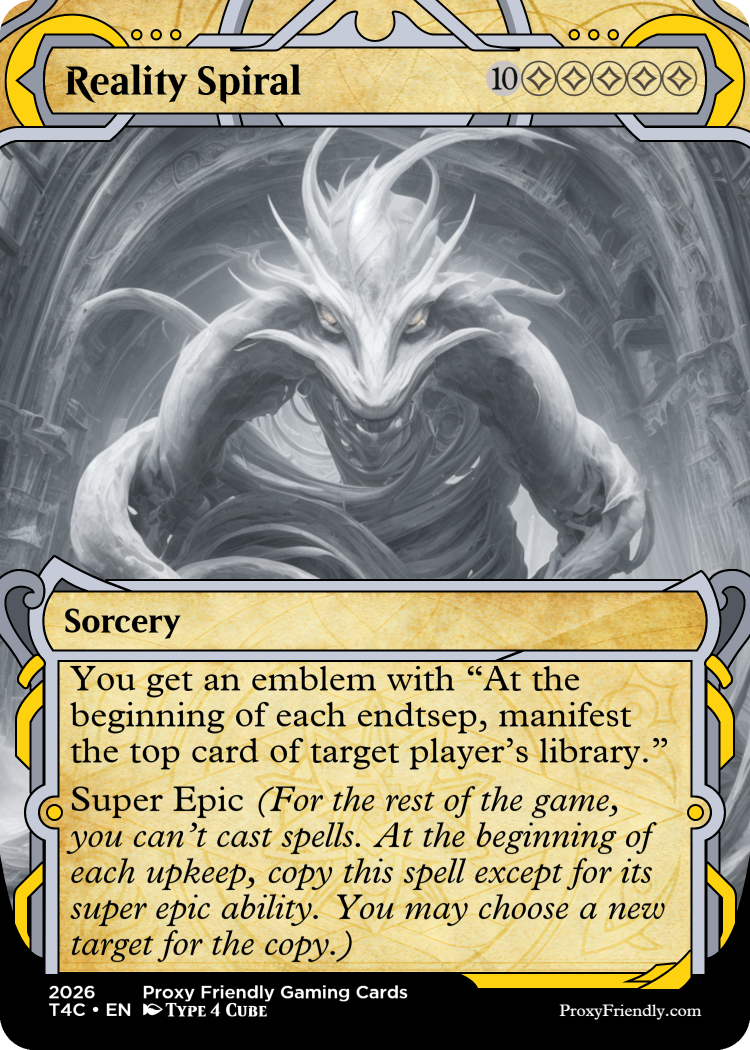 A fantasy game card titled 'Reality Spiral' with a grayscale illustration of a dragon-like creature with sharp features and glowing eyes. The card has text describing an in-game ability and is from Proxy Friendly Gaming Cards, 2026.