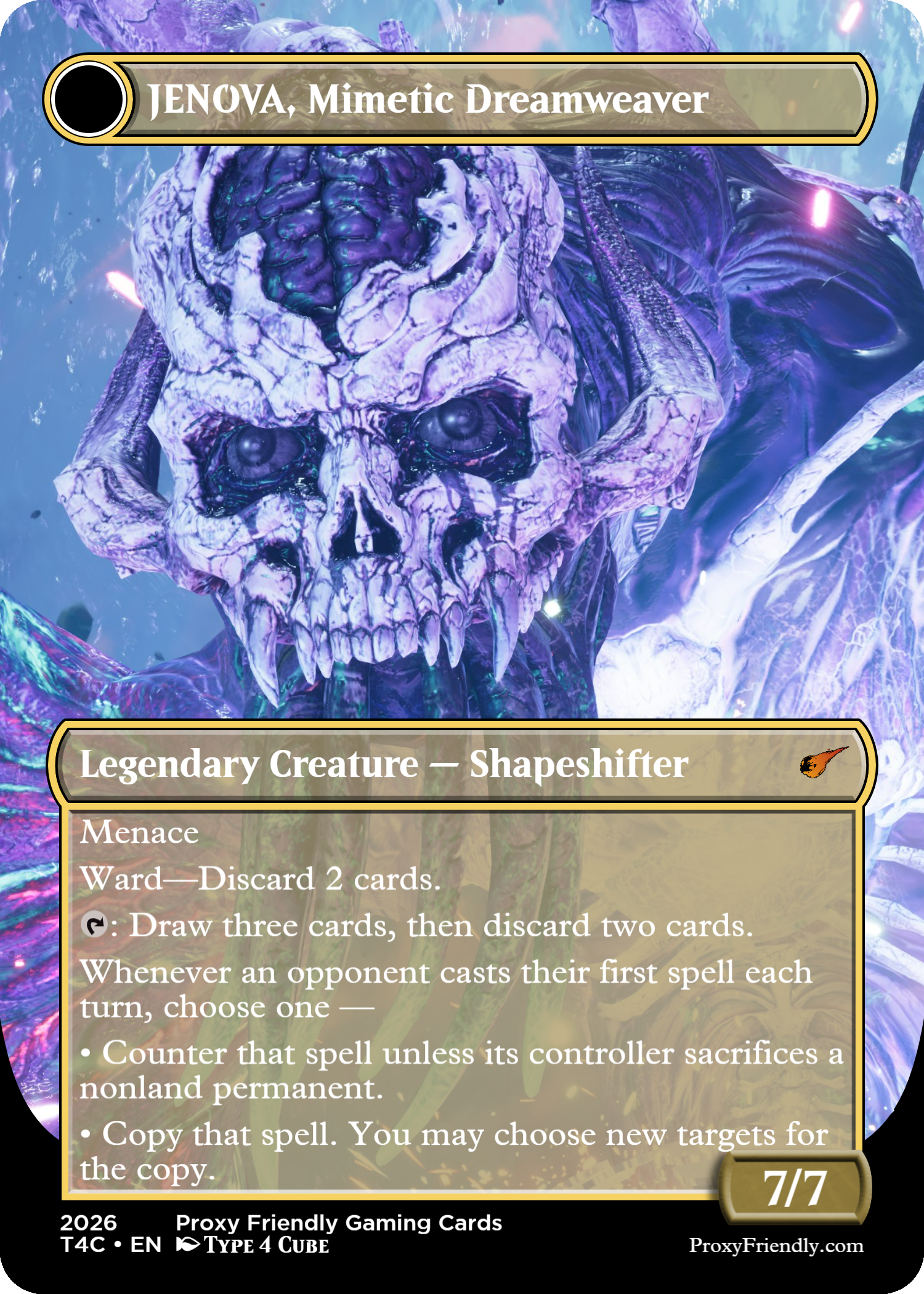 A fantasy game card titled 'JENOVA, Mimetic Dreamweaver', featuring a large skeletal entity with a skull-like face, dark purple and white coloring, horns, and glowing eyes, set against a vibrant, cosmic background.