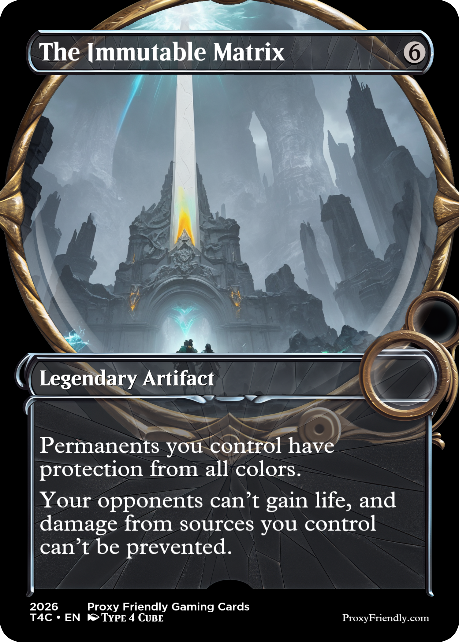 A fantasy-themed trading card titled "The Immutable Matrix" featuring a mystical landscape with a large sword embedded in a fortress-like structure, surrounded by towering rock formations and a stormy sky.