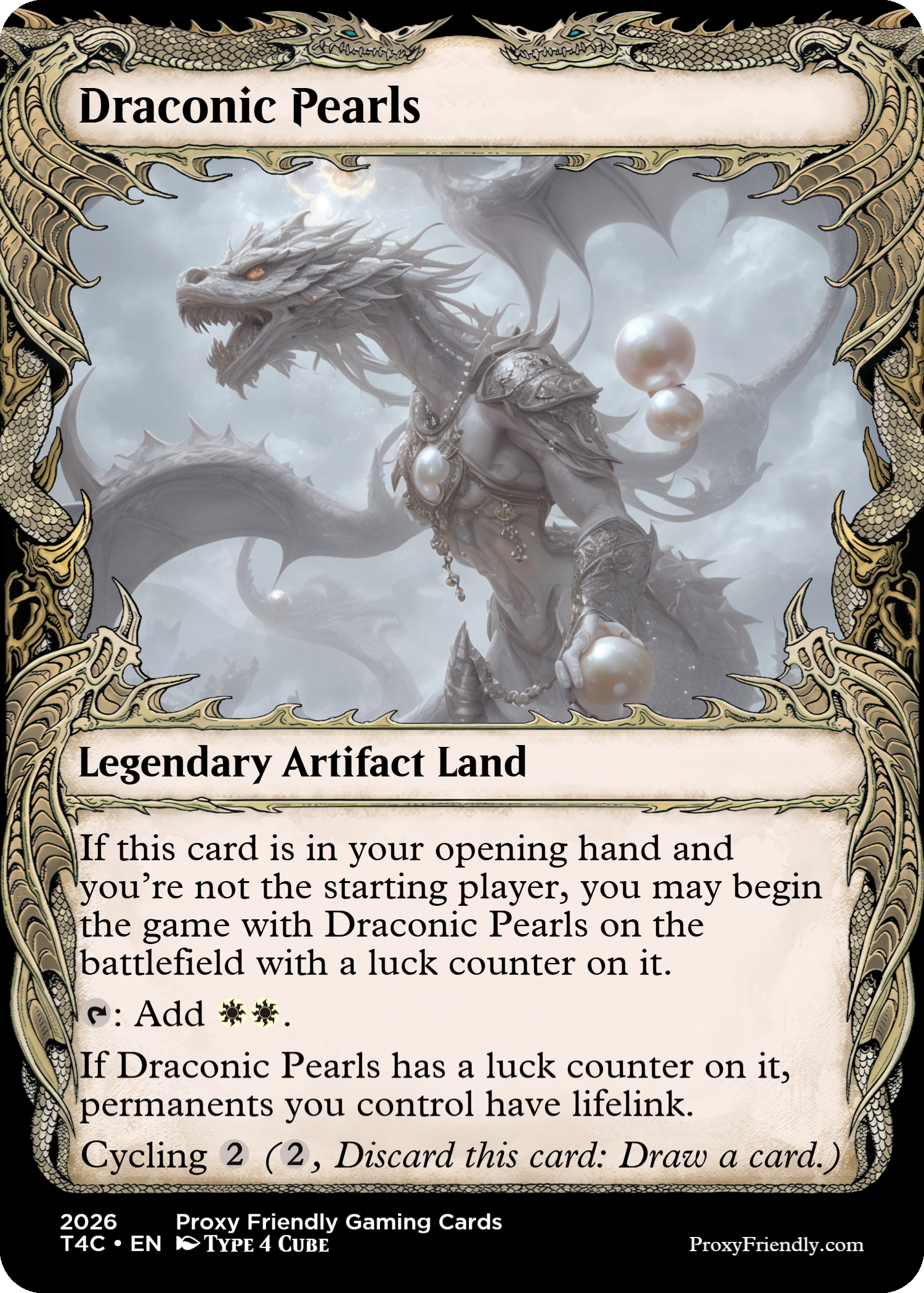 A fantasy trading card titled "Draconic Pearls." The card features a dragon-like humanoid creature with a serpentine body, sharp scales, and glowing eyes, holding large pearl-like orbs. The border is ornate with gold and dragon motifs, and the background depicts clouds and mist.
