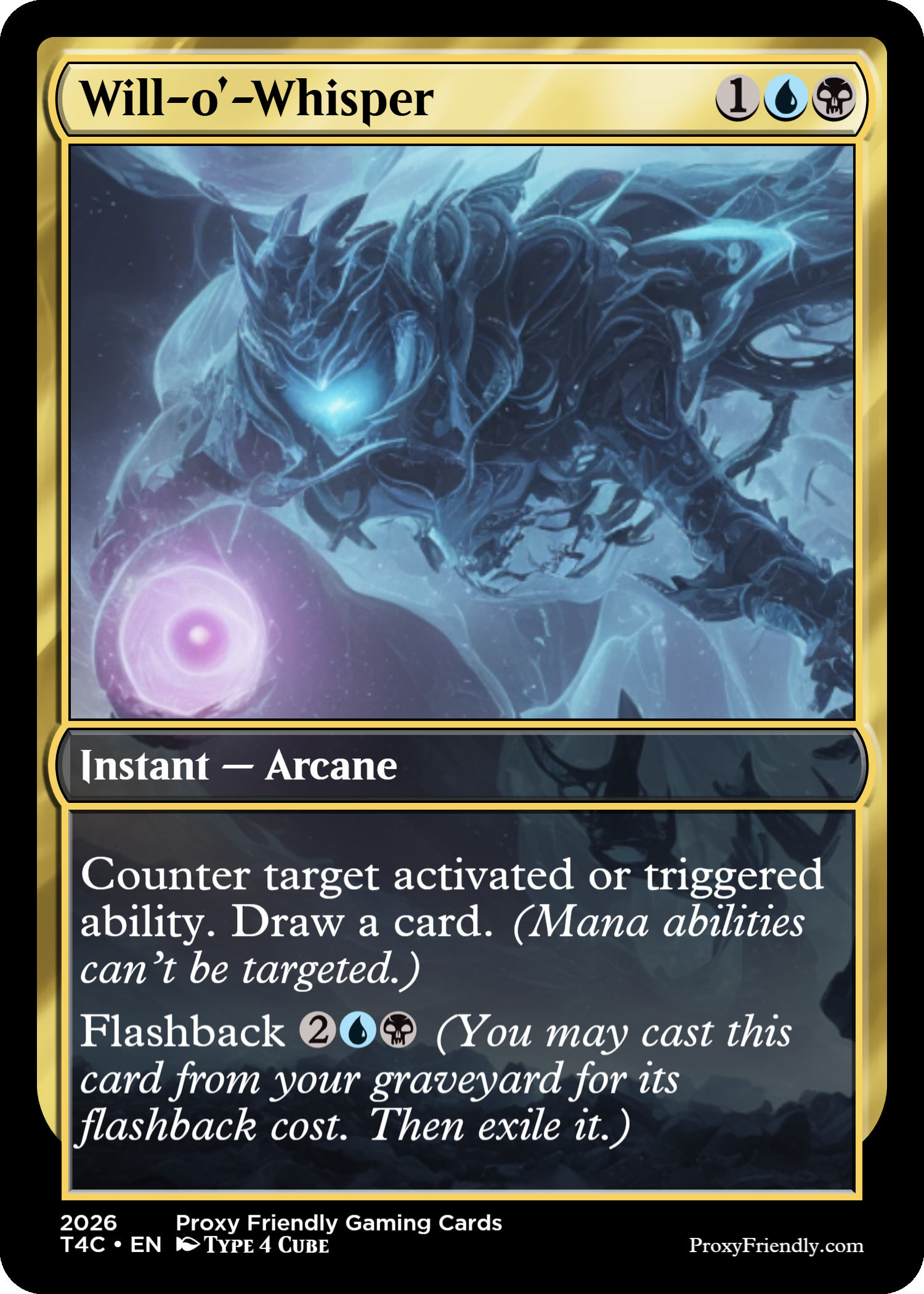 A Magic: The Gathering card titled Will-o'-Whisper featuring a blue and black ghostly creature with glowing eyes and a swirling purple orb.