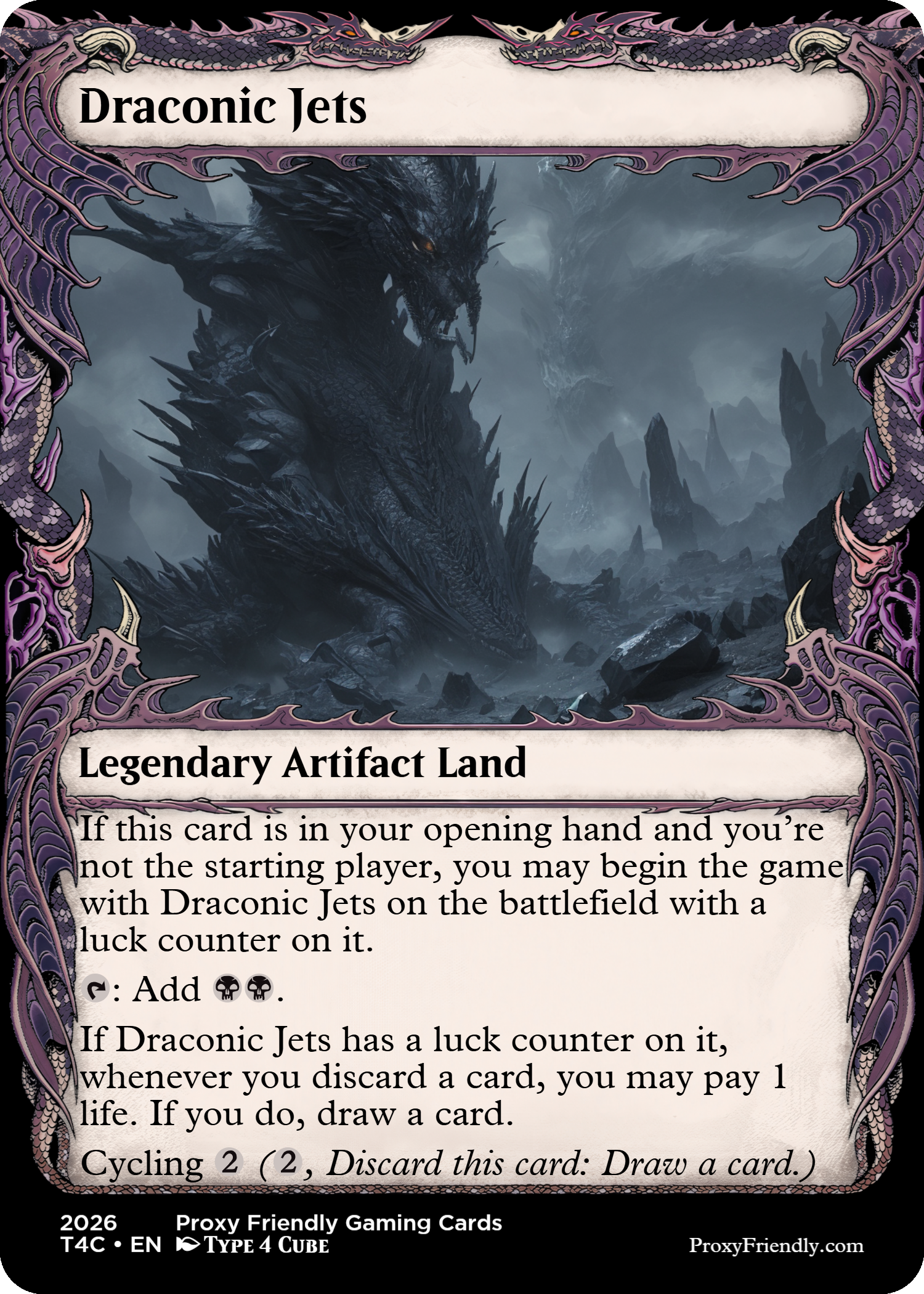 A trading card titled "Draconic Jets" depicting a large, dark dragon with glowing eyes, set against a stormy mountainous landscape. The card has a decorative frame with purple and black serpent motifs.