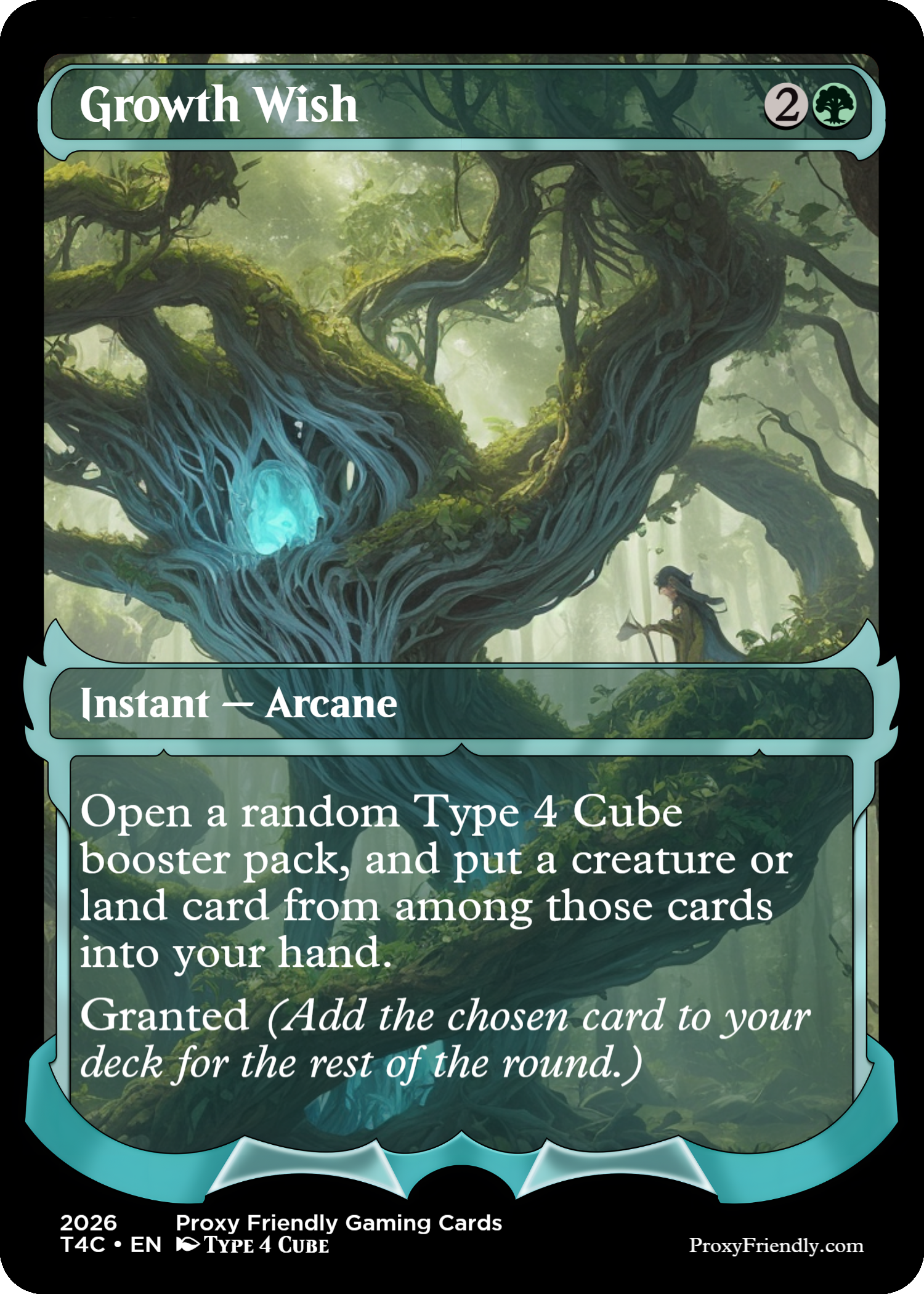 A fantasy-themed Magic: The Gathering card titled 'Growing Wish' depicting a large ancient tree with glowing blue energy within its trunk, a female elf with a bow standing beneath, and lush green forest background.