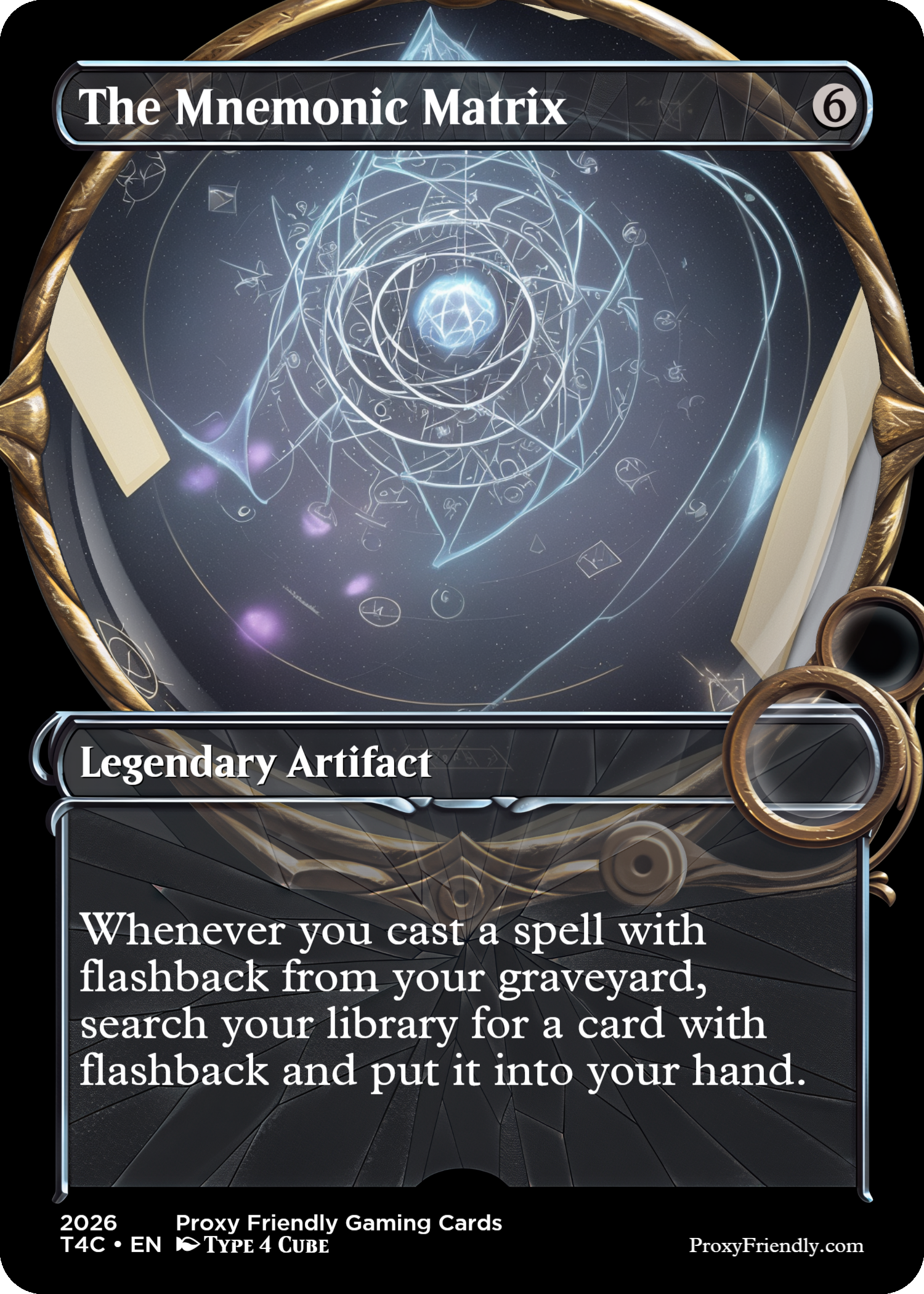 A card titled 'The Mnemonic Matrix' featuring a glowing, intricate, magic-like geometric pattern in space with celestial elements, encased in a decorative golden border. The card is labeled as a 'Legendary Artifact' with text explaining its effect in a game.
