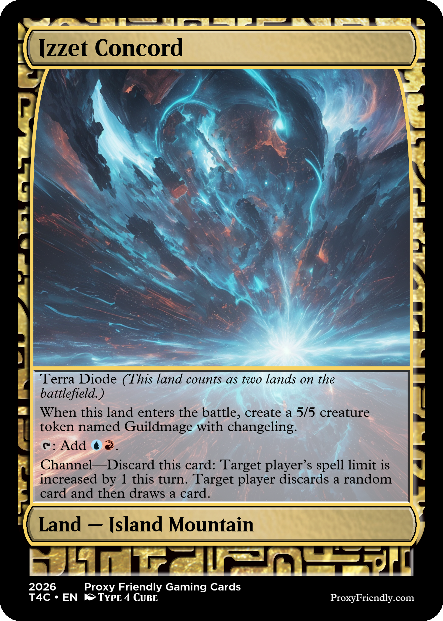 A Magic: The Gathering card titled "Tizzet Concord" showing a cosmic explosion with blue and orange energy in space, and a bright burst at the bottom emitting rays outward.