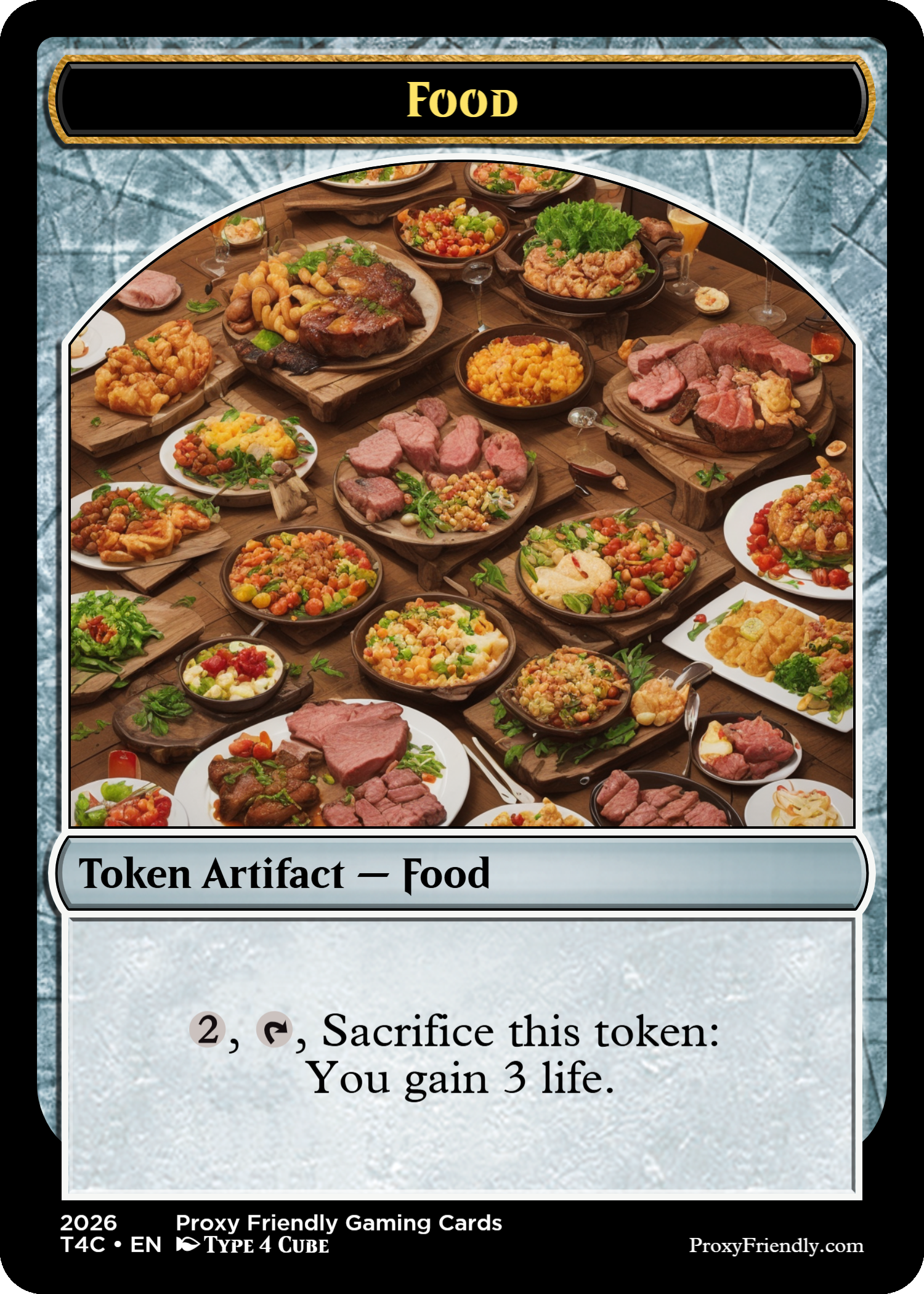 A virtual trading card titled 'Food' featuring an array of various cooked dishes including meats, salads, and side dishes, with game instructions at the bottom.