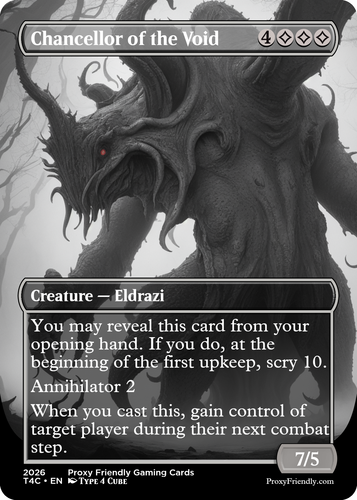 A fantasy trading card titled "Chancellor of the Void" featuring a large, dark, tree-like creature with twisted, gnarled branches that resemble a monstrous face. The background is a grayscale forest with fog.