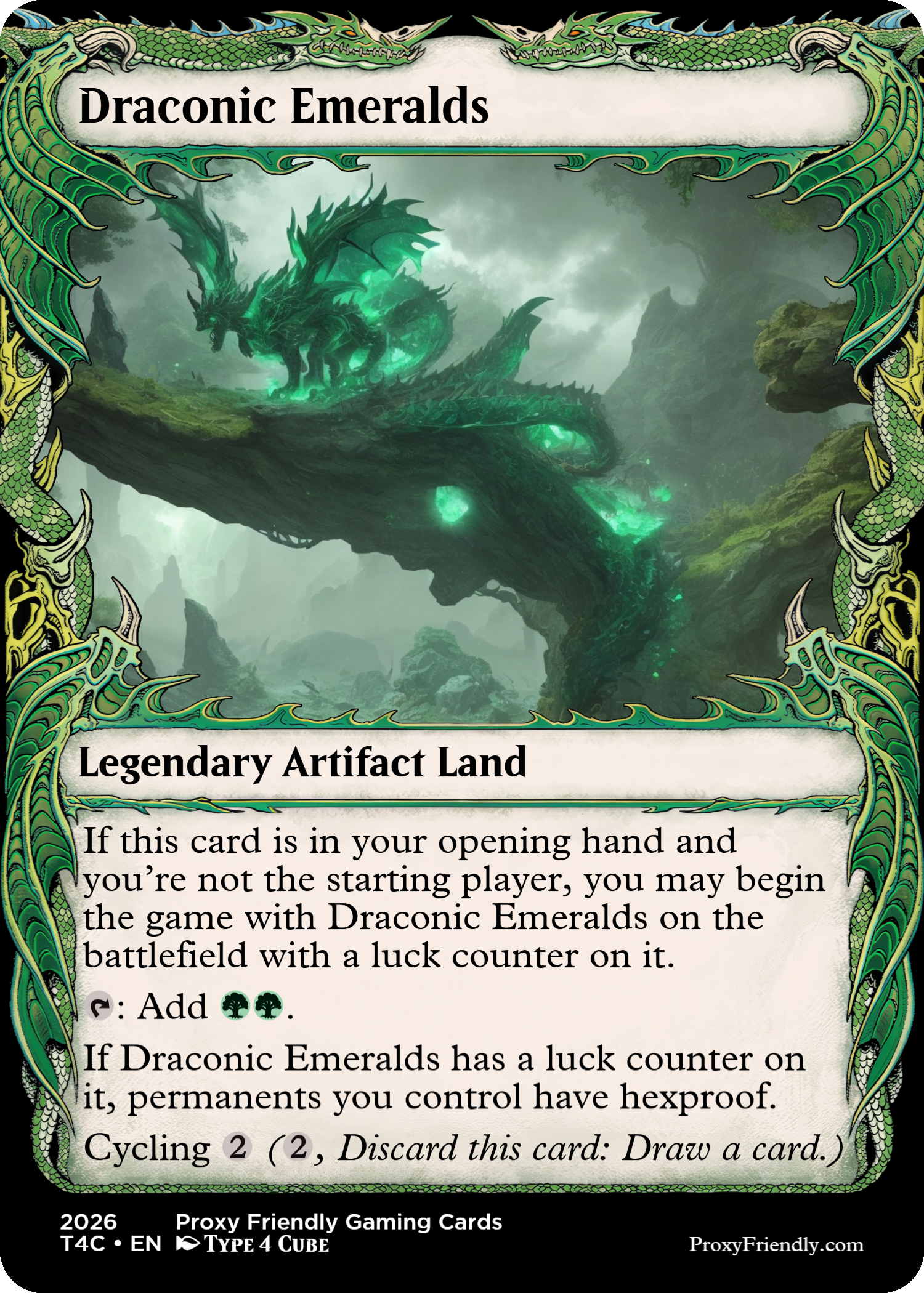 A fantasy-themed trading card titled "Draconic Emeralds" featuring a large, glowing, green dragon-like creature with emerald eyes, perched on a twisted, ancient tree branch in a misty, mystical landscape.