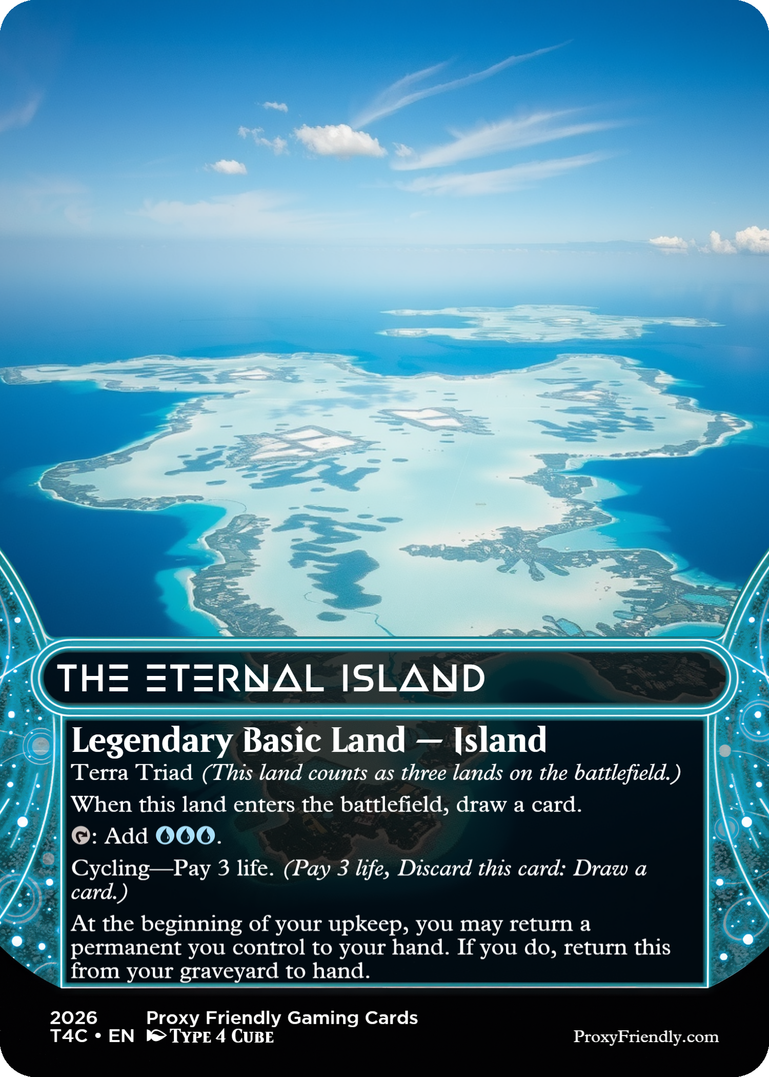 Aerial view of a large island with shallow water and landmasses, under a blue sky with clouds.