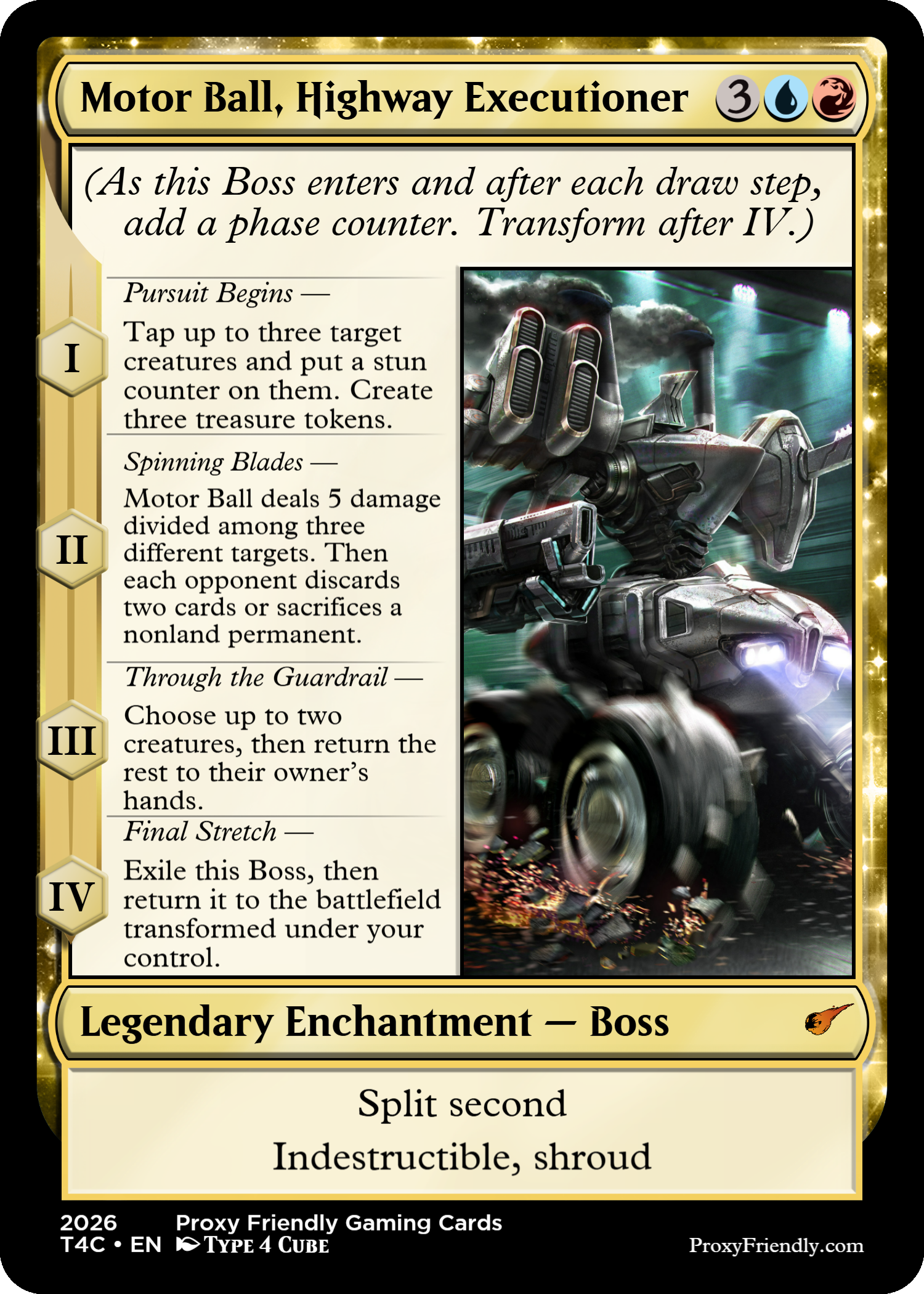 A trading card titled "Motor Ball, Highway Executioner" from a collectible card game, featuring a futuristic armored vehicle at high speed, with text describing its abilities and effects.