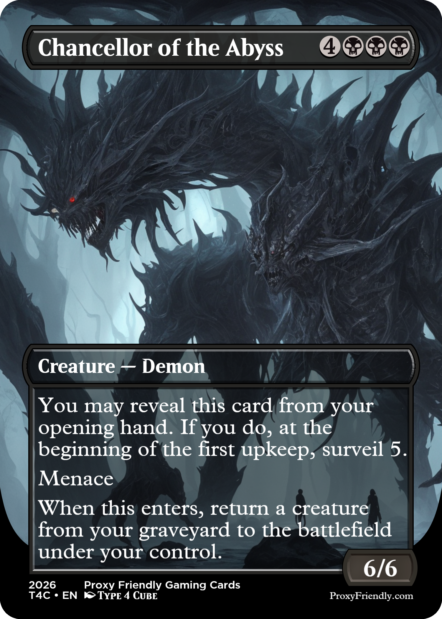 A dark fantasy illustrated Magic: The Gathering card titled 'Chancellor of the Abyss,' featuring two massive black, demonic creatures with glowing red eyes and spiky, twisted bodies in a dark, ominous landscape with silhouettes of people at the bottom.
