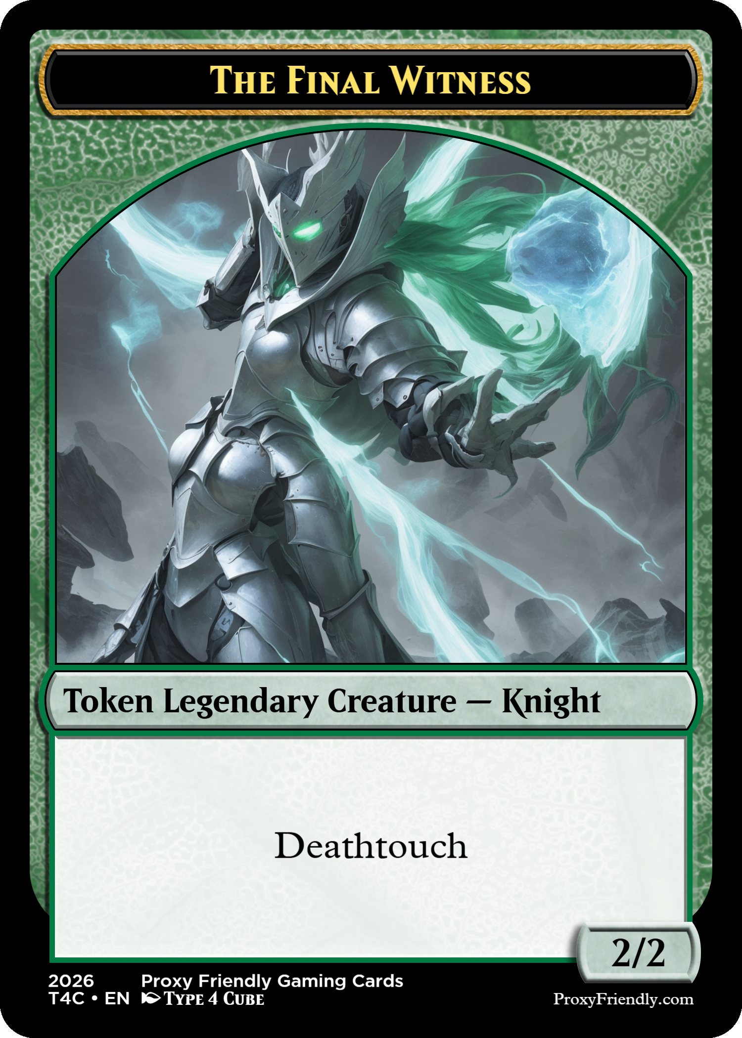 A fantasy trading card titled Primal Inevitability showing a large, muscular wolf-like creature surrounded by green lightning, with a dark and stormy background.