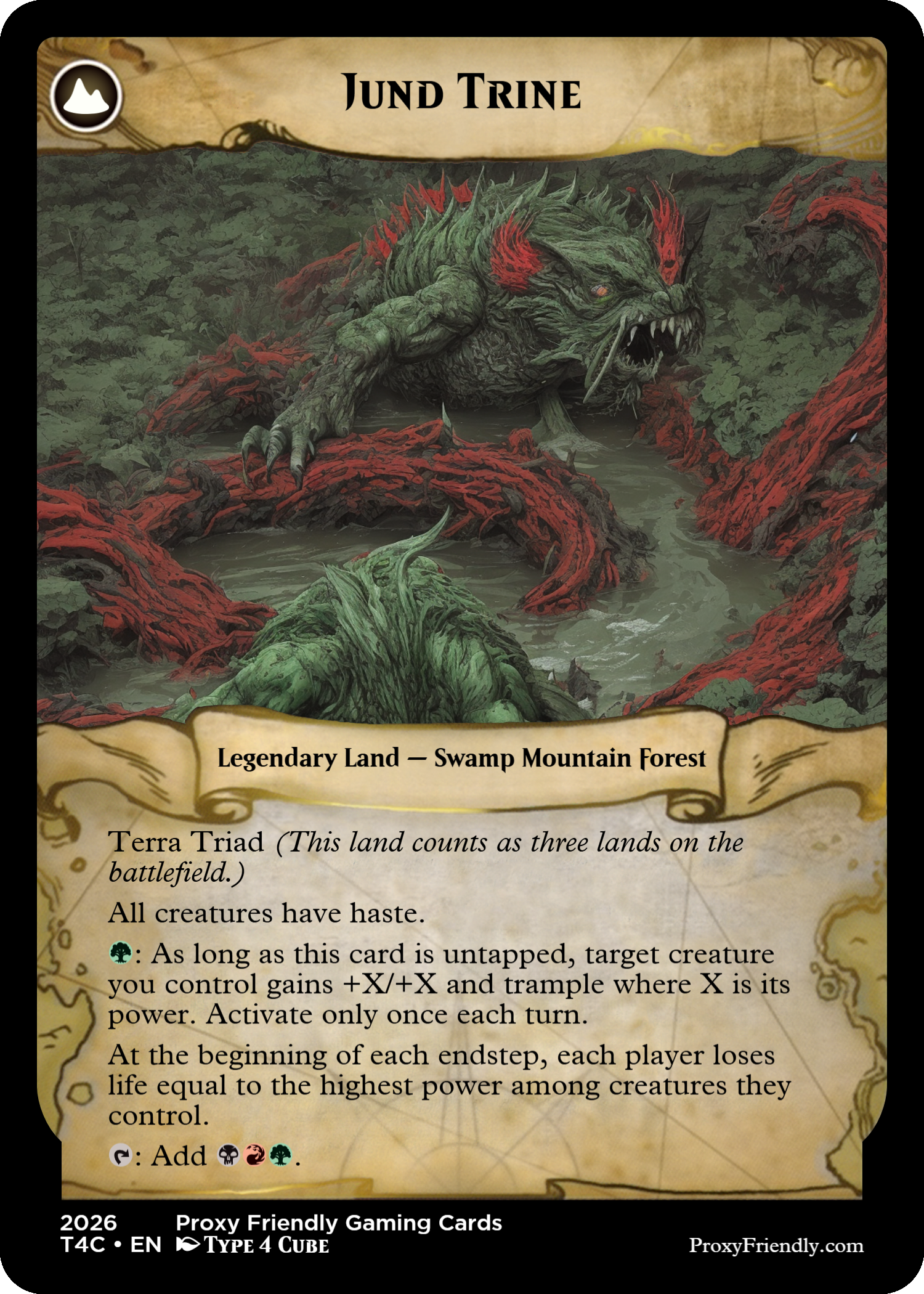 A fantasy trading card titled 'Jund Trine' depicting a monstrous creature with green skin, red spikes, and sharp teeth emerging from a swamp forest with red roots and green foliage.