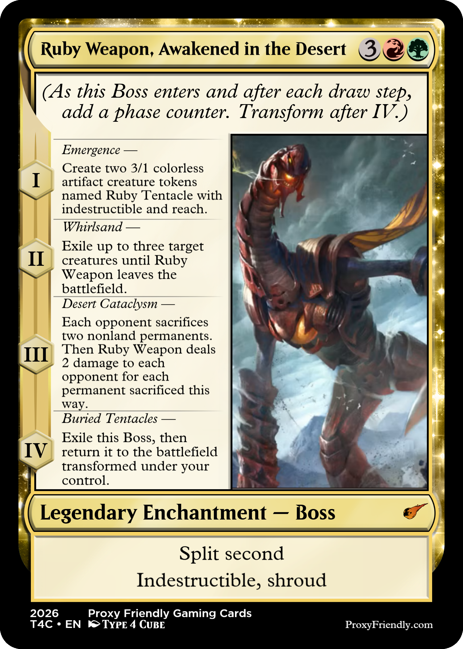 A trading card titled "Ruby Weapon, Awakened in the Desert" featuring an illustration of a large, serpent-like creature with glowing eyes. The card has a gold border and includes game instructions and effects on the left side.