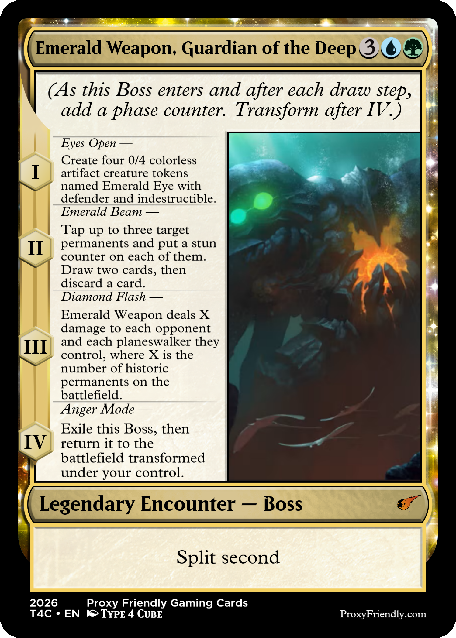 A Magic: The Gathering card titled "Emerald Weapon, Guardian of the Deep" with a gold border. The card features a picture of a deep sea creature with green glowing eyes against an ocean blue background. The card has four abilities with text descriptions and includes the keywords "Legendary Enchantment - Boss," with flavor text indicating "Split second, indestructible, shroud." The bottom shows the set information "2026 Proxy Friendly Gaming Cards," set code "T4C," language "EN," and card type "Type 4 Cube."