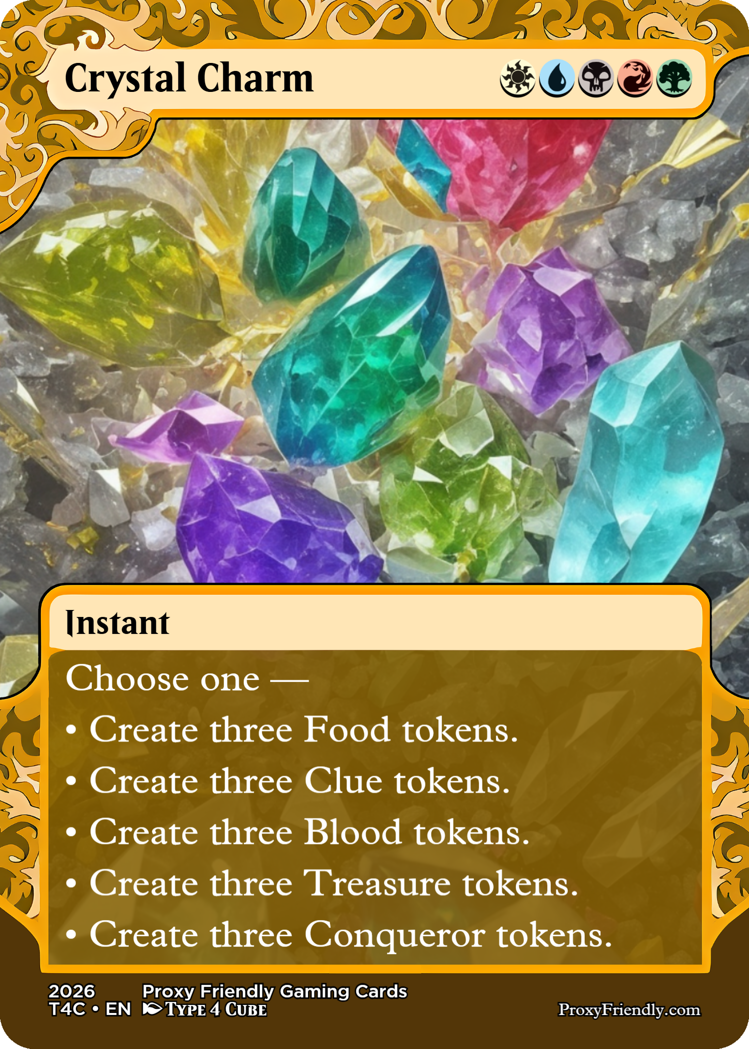 Close-up of a colorful collection of faceted gemstone or crystal tokens in blue, green, purple, yellow, and pink, with some rocks and debris around them.