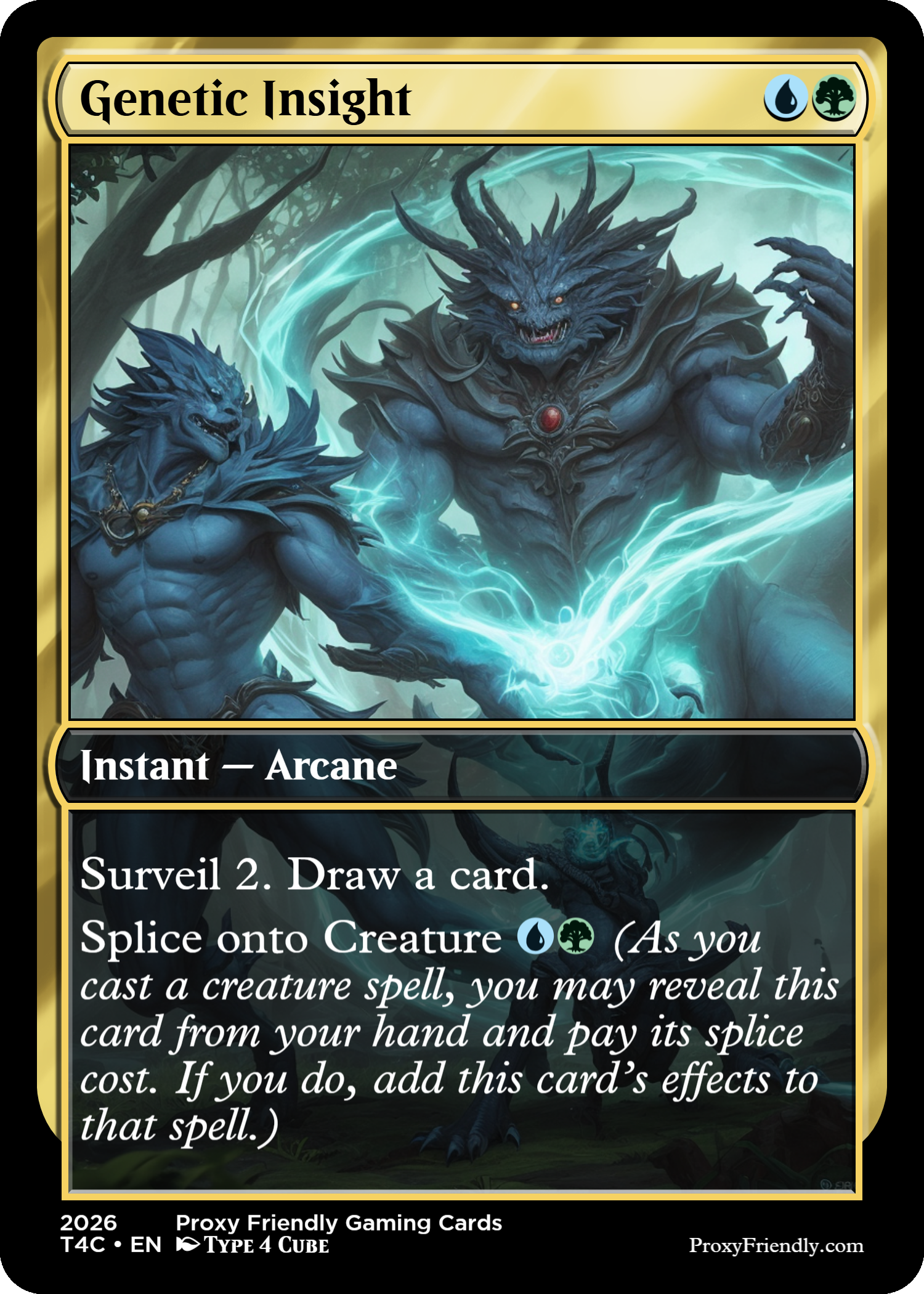 A magic trading card titled 'Genetic Insight' featuring two blue, dragon-like humanoid creatures with dark spiky hair, one with glowing orange eyes and the other with glowing blue eyes, surrounded by swirling blue lightning in a forest setting.