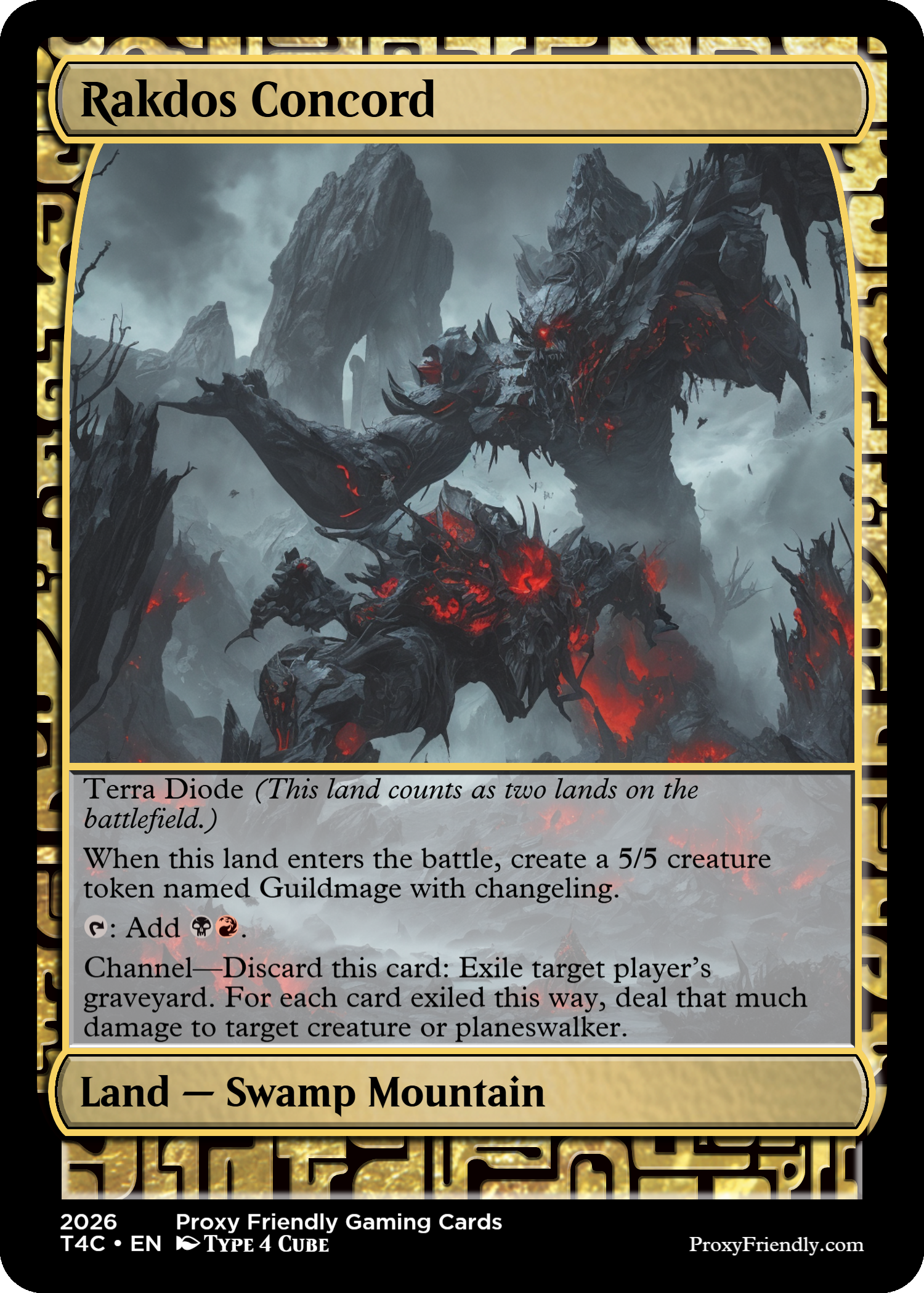 A fantasy trading card titled 'Rakdos Concord' depicts a giant, dark, fiery monster with glowing red eyes, large horns, and a menacing appearance, set in a dark, mountainous landscape.
