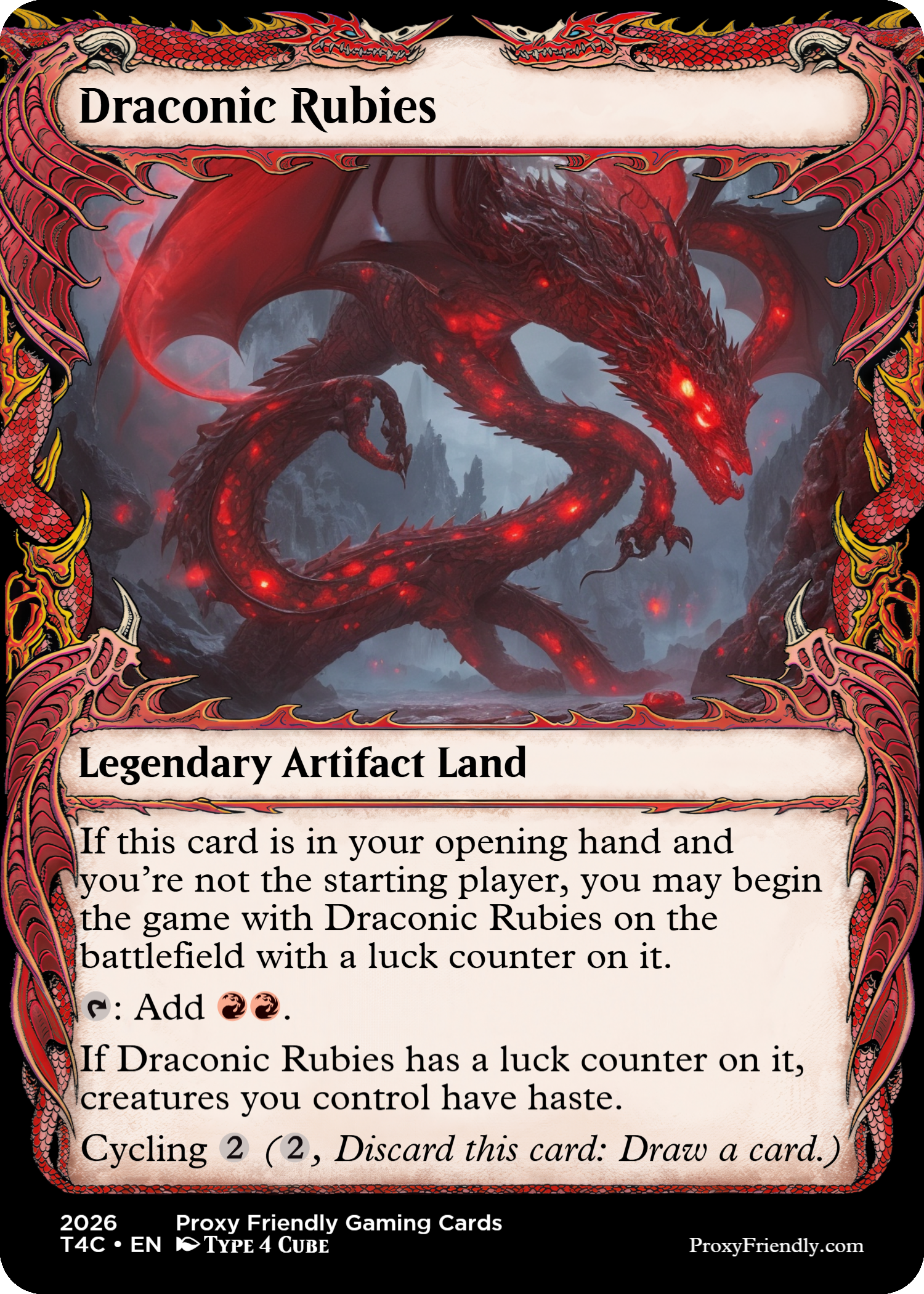 A fantasy trading card titled "Draconic Rubies" features a large red dragon with glowing spots, wings, and fierce appearance, set against a mountainous background. The border is decorated with intricate red and gold dragon designs.