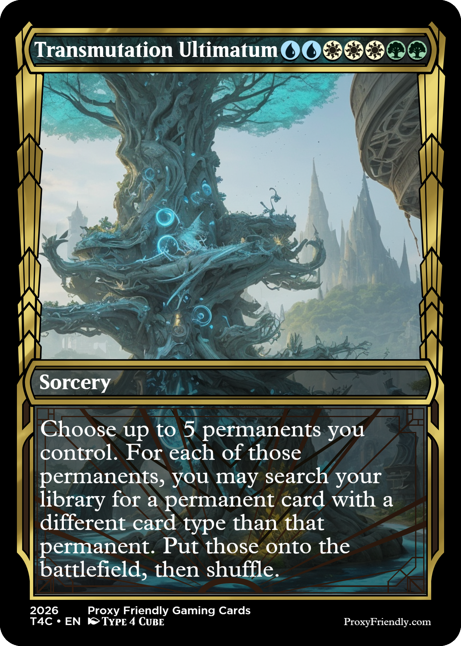 A fantasy-themed trading card titled "Transmutation Ultimatum" showing a large, ancient, twisted tree with glowing blue symbols and lights, set in a mystical landscape with distant mountains and structures.