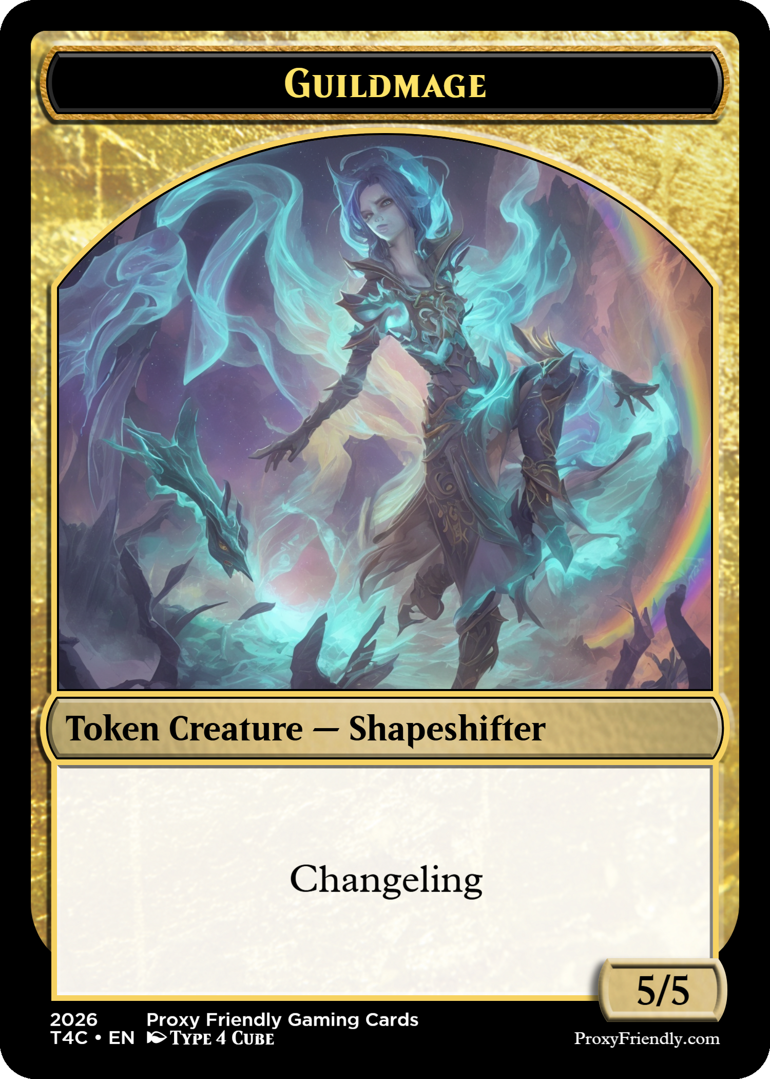 A fantasy-themed trading card titled "Prismatic Wish" featuring a cosmic dragon with a shimmering, colorful body and swirling elemental energies around it.