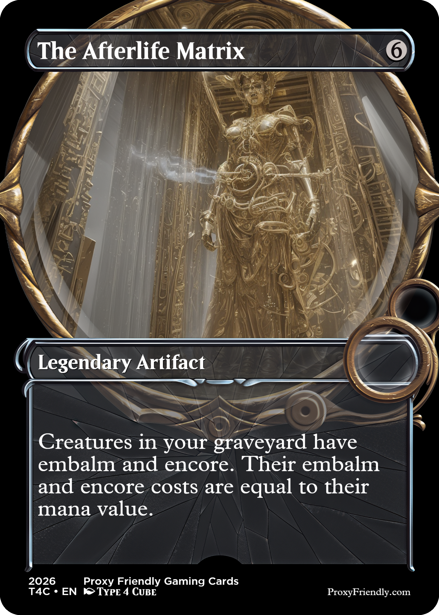 A fantasy trading card titled 'The Afterlife Matrix' showing a golden, mechanical, humanoid statue within a detailed, circular, gold frame. The card is labeled as a legendary artifact and includes game information at the bottom.