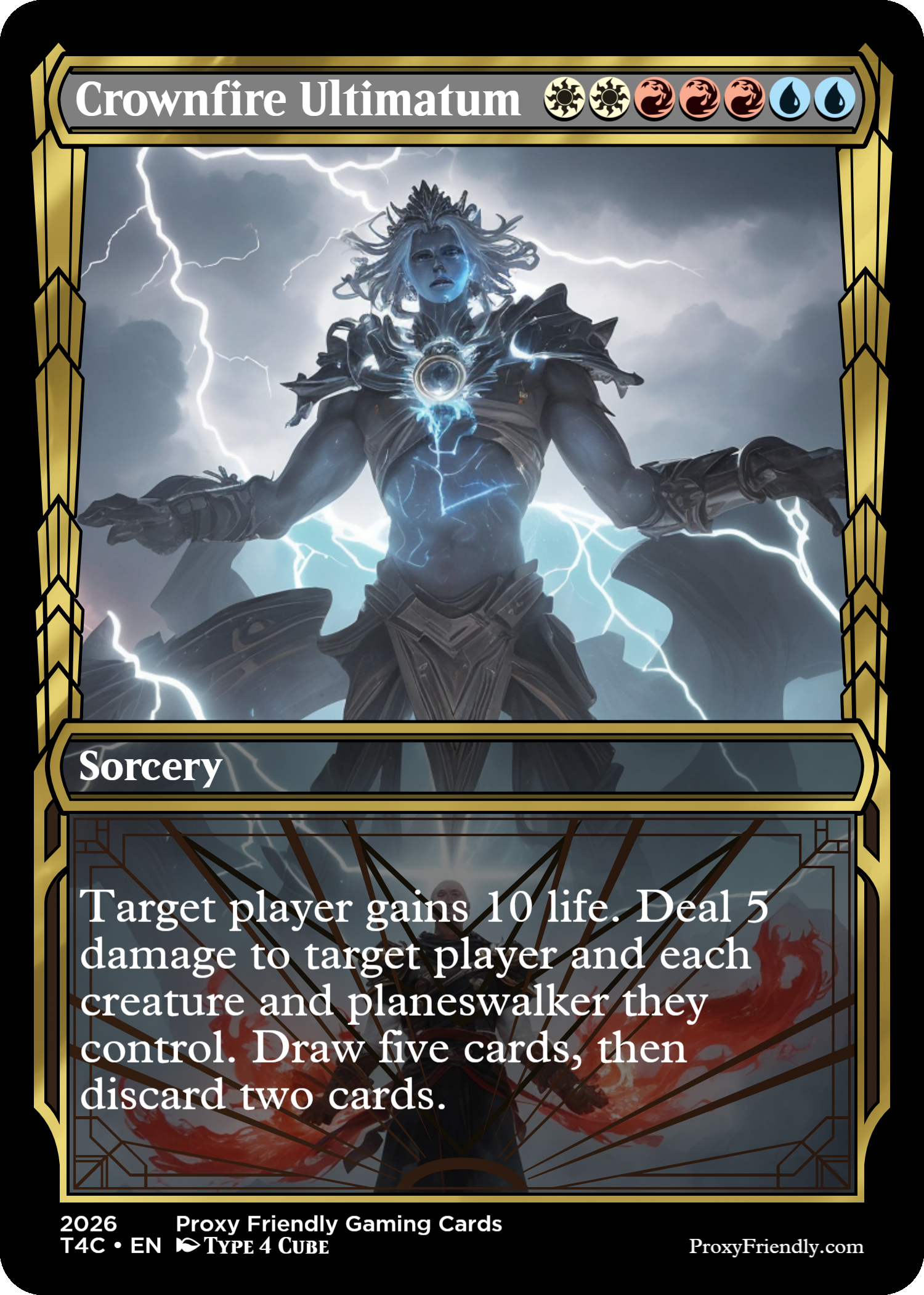 A fantasy-themed trading card titled 'Crownfire Ultimatum' shows a powerful sorceress with lightning and storm clouds behind her. She has a regal, commanding presence with glowing blue magical energy on her chest, and her hair is flowing as lightning strikes around her. The card features the word 'Sorcery' and describes an effect involving gaining life, dealing damage, drawing cards, and discarding.