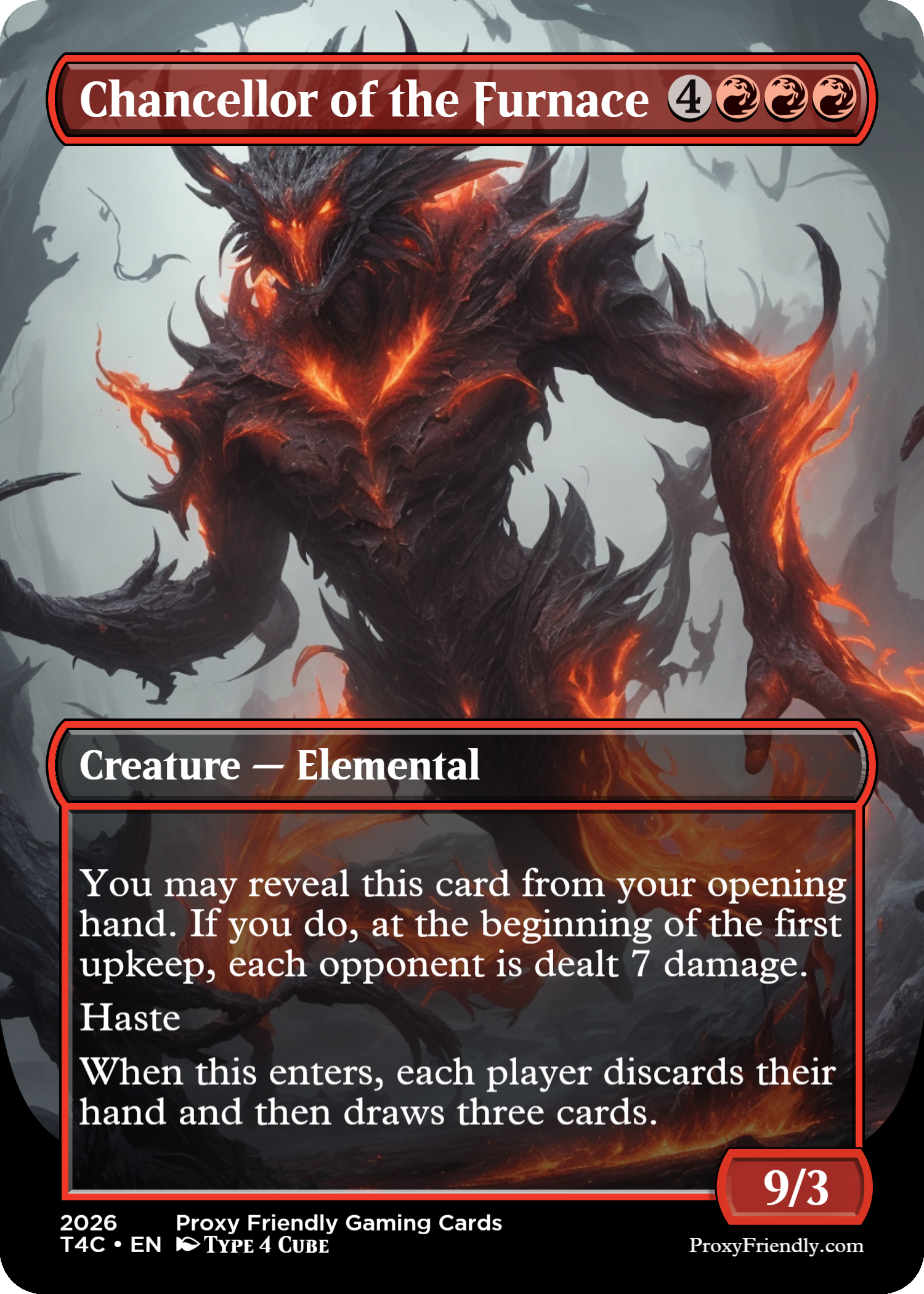 A fantasy trading card titled "Chancellor of the Furnace" depicting a fiery, monstrous elemental creature with a dark, jagged body and glowing orange flames. The card has a red border, four black mana symbols, and a power/toughness of 9/3.