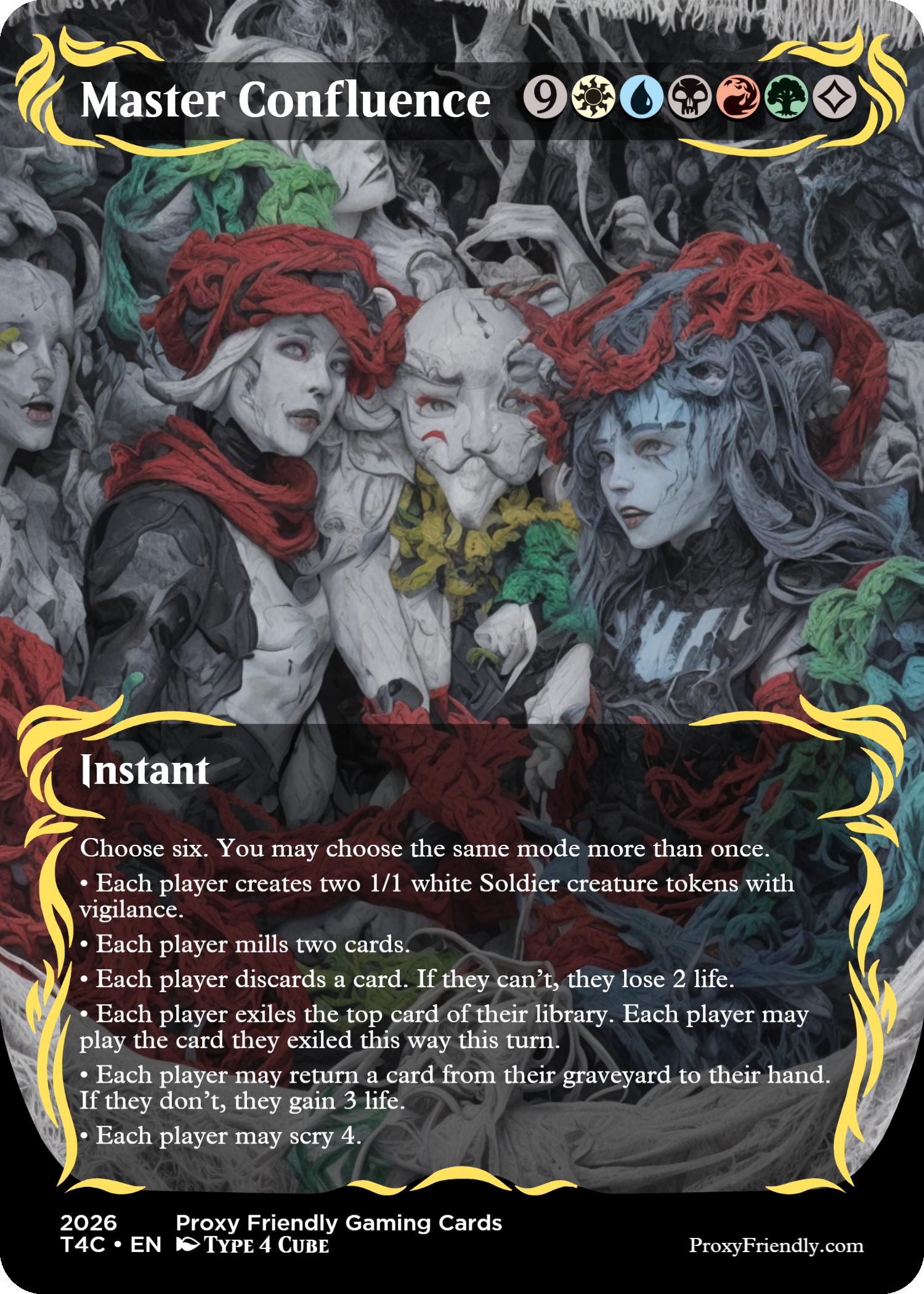 A fantasy-themed artwork featuring elven and mythical characters with elaborate costumes and makeup, surrounded by a dark, mystical background, and overlaid with text describing a game card called 'Master Confluence.'