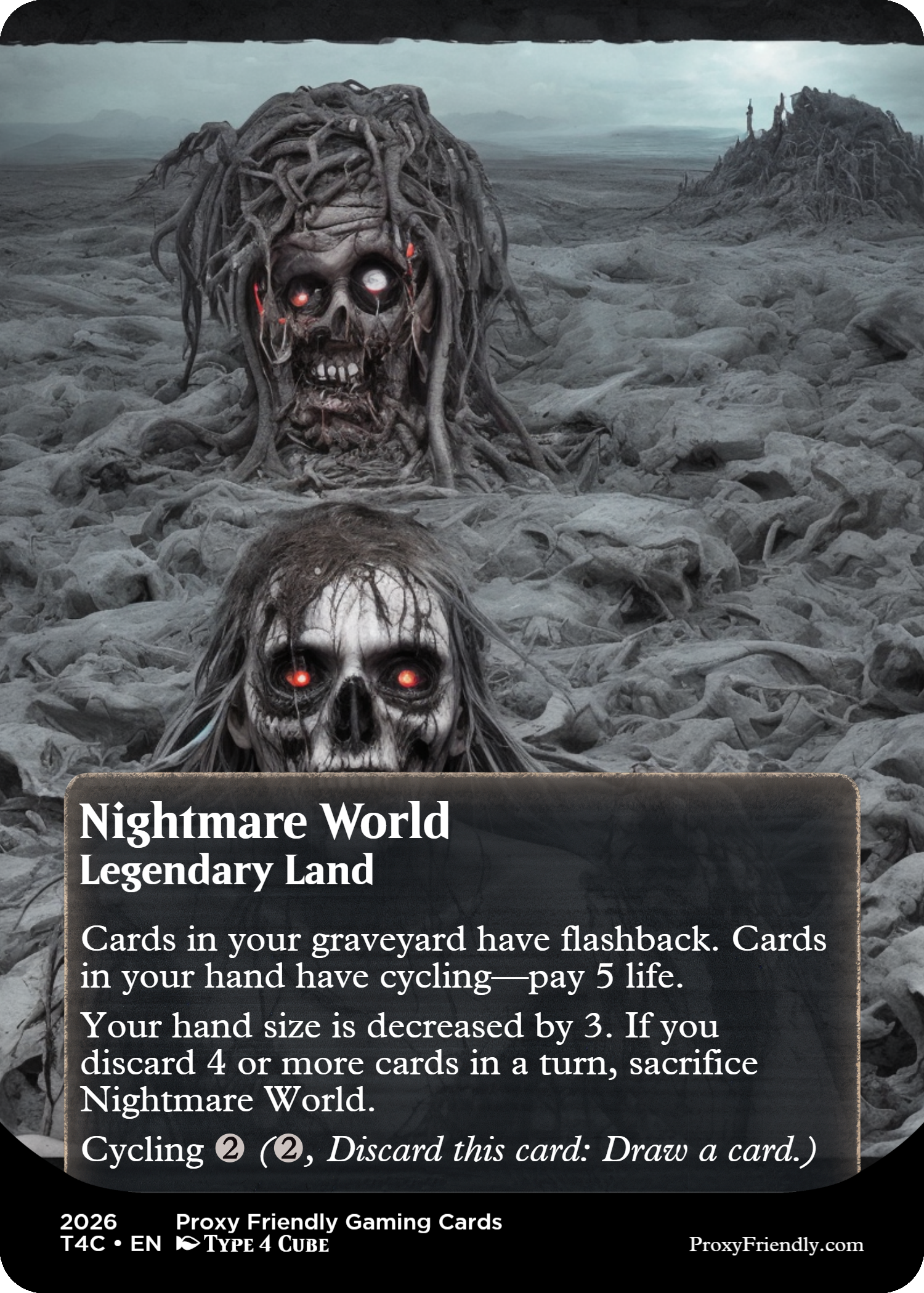 Designer card from a game called Nightmare World. The card shows a dark, eerie landscape with two undead skeleton-like figures with glowing red eyes and long hair, set against a desolate, rocky terrain with a cloudy sky. The text on the card describes gameplay mechanics and has a title "Nightmare World".