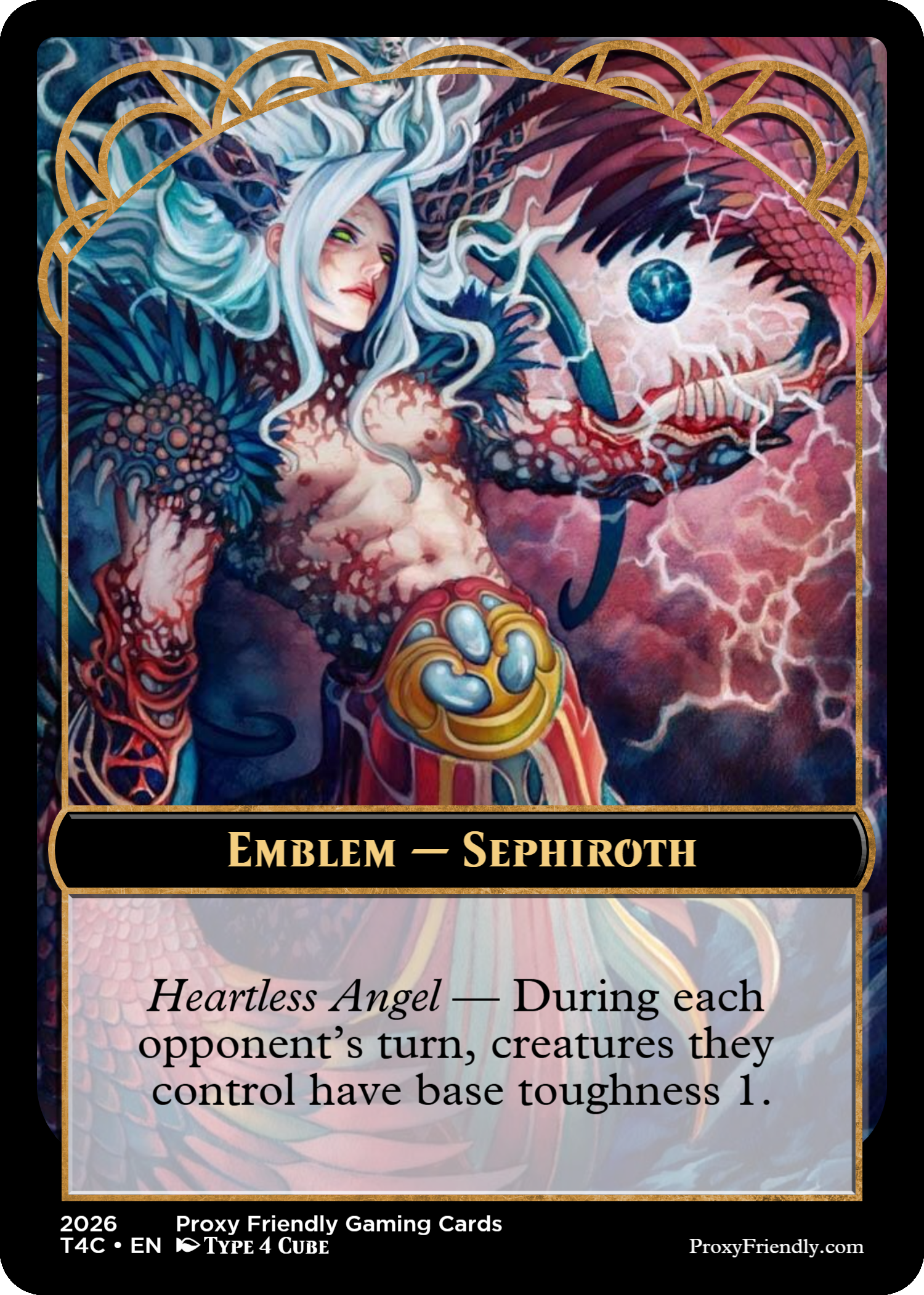 Digital artwork of a mythological female figure with flowing white hair, green eyes, and intricate armor, holding a dragon skull with a glowing blue orb inside. The background features lightning and volcanic landscapes, with the card labeled 'Emblem – Sephiroth' and description text about a Heartless Angel ability.