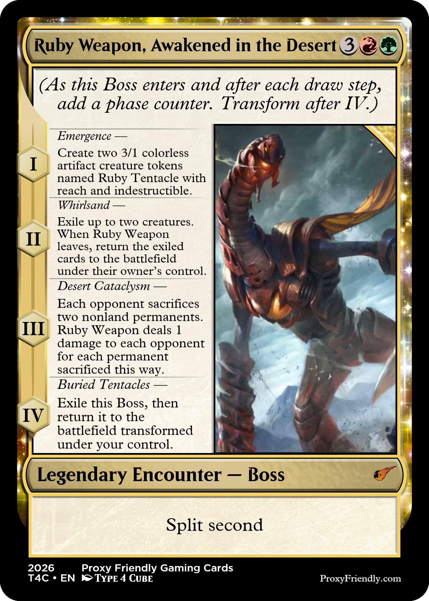 A trading card titled "Ruby Weapon, Awakened in the Desert" featuring an illustration of a large, serpent-like creature with glowing eyes. The card has a gold border and includes game instructions and effects on the left side.