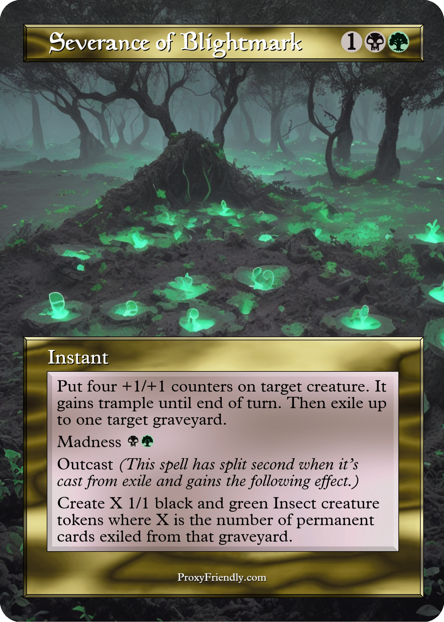Fantasy card titled 'Severance of Blightmark' depicting a dark forest with glowing green fungus on the ground, a large uprooted tree, and twisted trees in the background. The card includes game text and symbols indicating its effects and attributes.