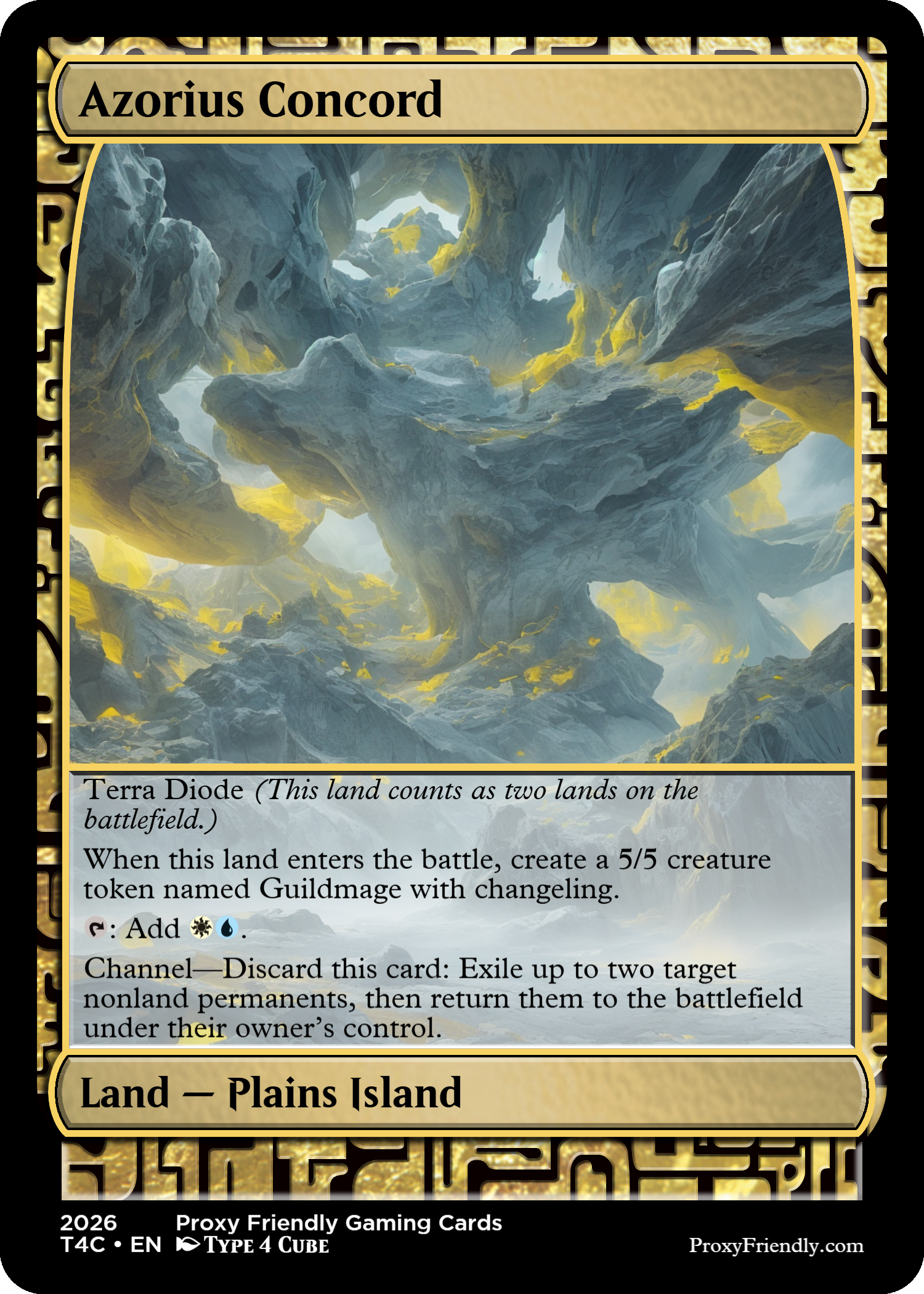 Artwork of a mountainous landscape with rocky formations and yellow glowing accents, seen from within a cavern or mountain gap.