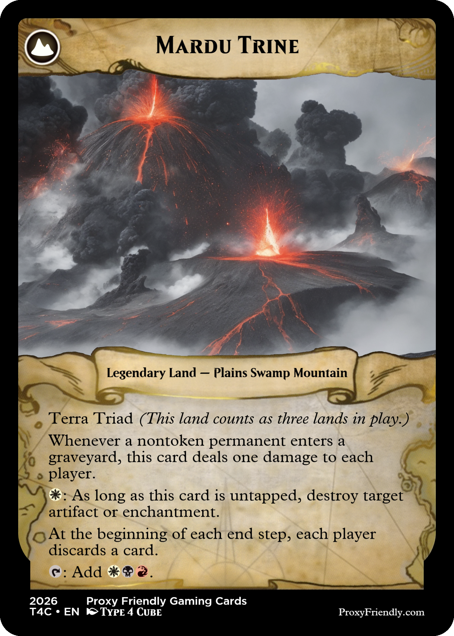 A fantasy game card titled "MARDU TRINE" depicting a volcanic landscape with erupting volcanoes and smoke. The card is labeled as "Legendary Land — Plains Swamp Mountain" and includes game instructions and symbols at the bottom.