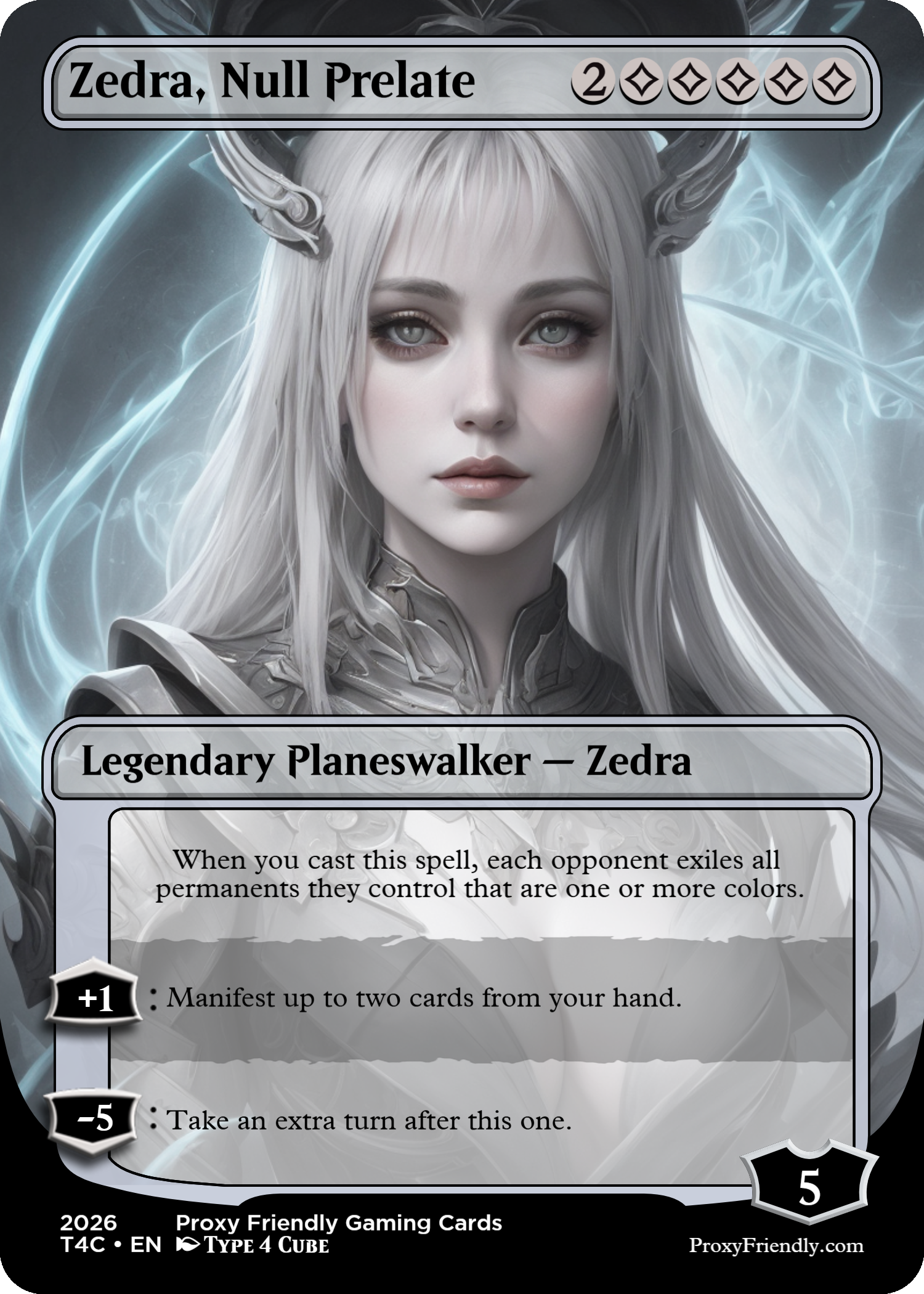 A fantasy trading card titled "Zedra, Null Prelate," featuring a digital illustration of a female character with long, flowing silver hair, pale skin, and silver horns. She is dressed in ornate armor, set against a swirling blue and white magical background.