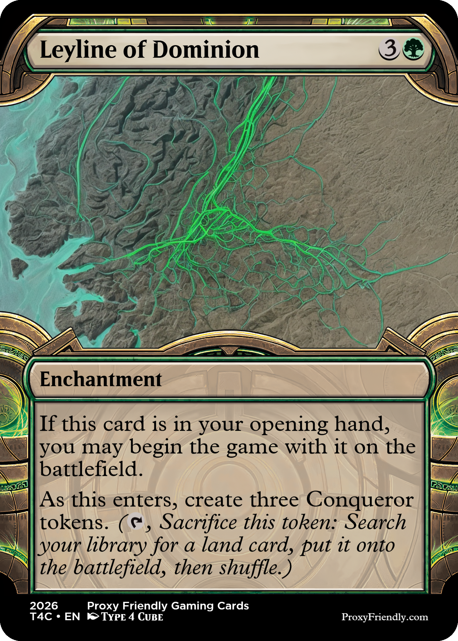A Magic: The Gathering card called Leyline of Dominion, showing a map with green glowing roots or veins spreading across a rocky and water landscape.