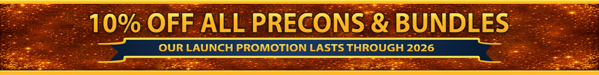 A promotional banner offering a 10% discount on all pre-cones and bundles, with a launch promotion lasting through 2026. The background features a sparkling, glittery gold and orange design.