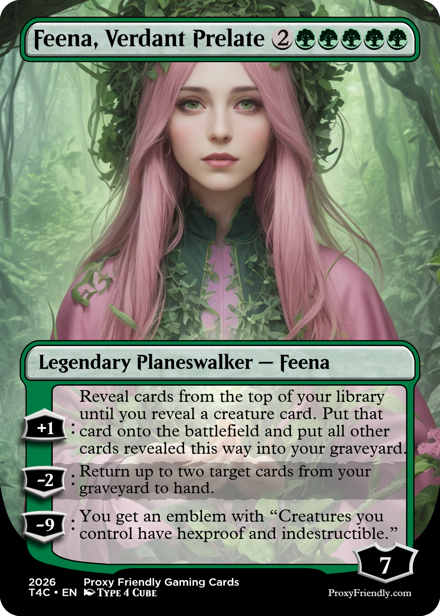A fictional trading card titled 'Feena, Verdant Prelate' featuring a woman with long pink hair dressed in a nature-themed green and pink costume, set against a lush green forest background.