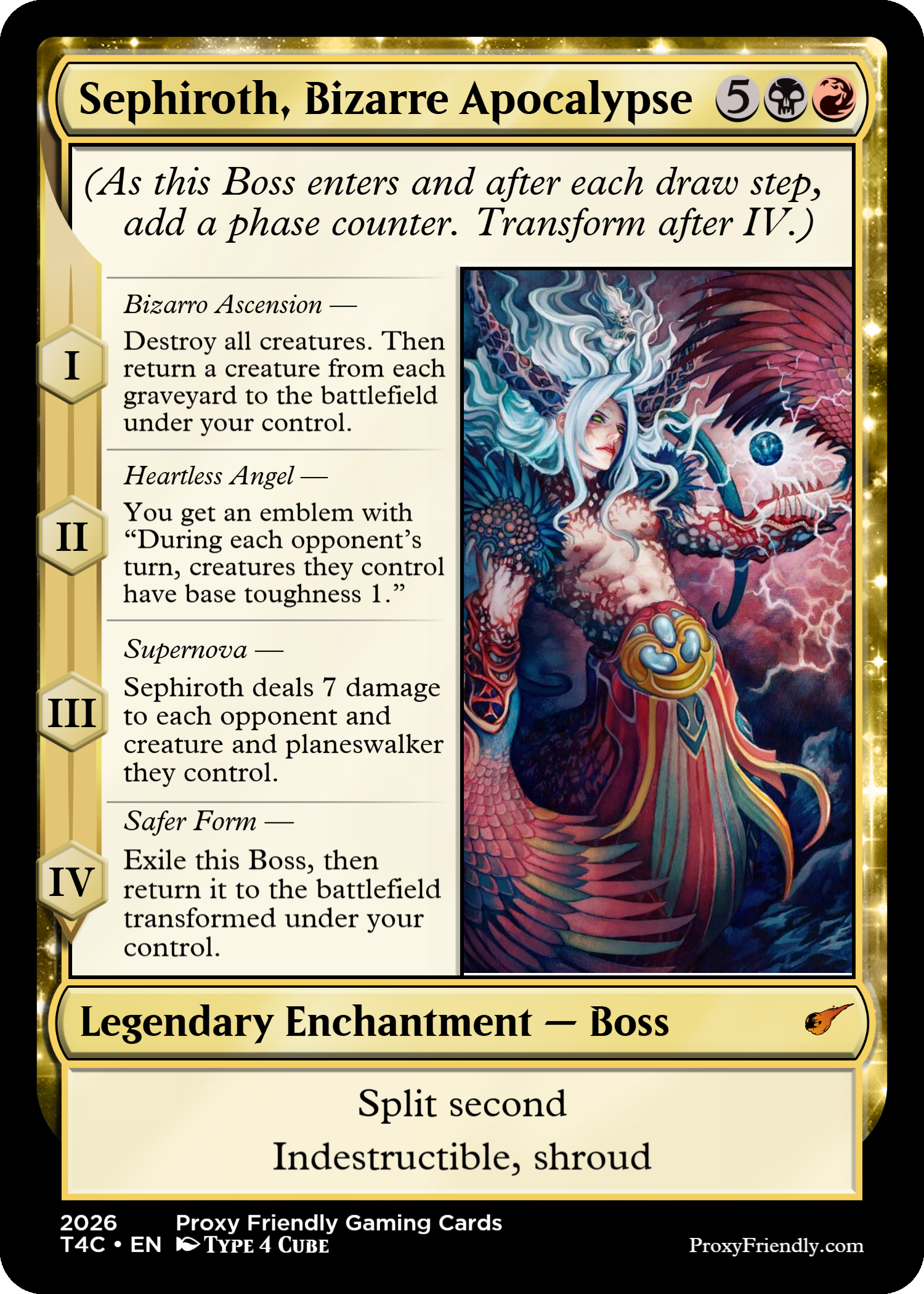 Magic trading card titled "Sephiroth, Bizarre Apocalypse" featuring a fantasy illustration of a woman with long white hair, dragon wings, and armor, surrounded by storm and lightning. The card has various abilities and statistics listed on the left.