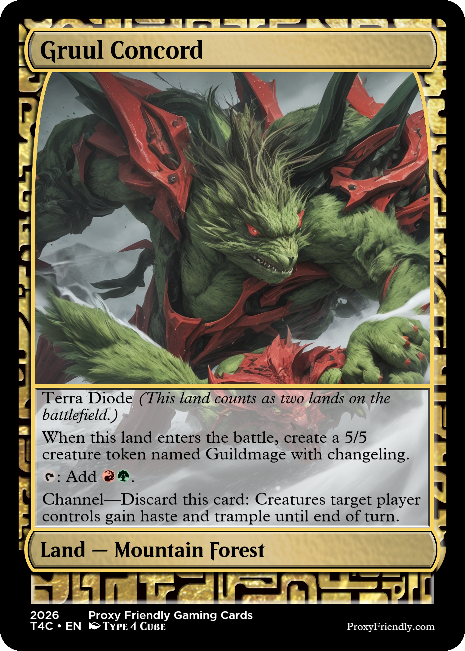 A fantasy illustration of a green, fierce-looking creature with red eyes, sharp teeth, and mane-like hair, wearing red armor, in a dynamic pose.