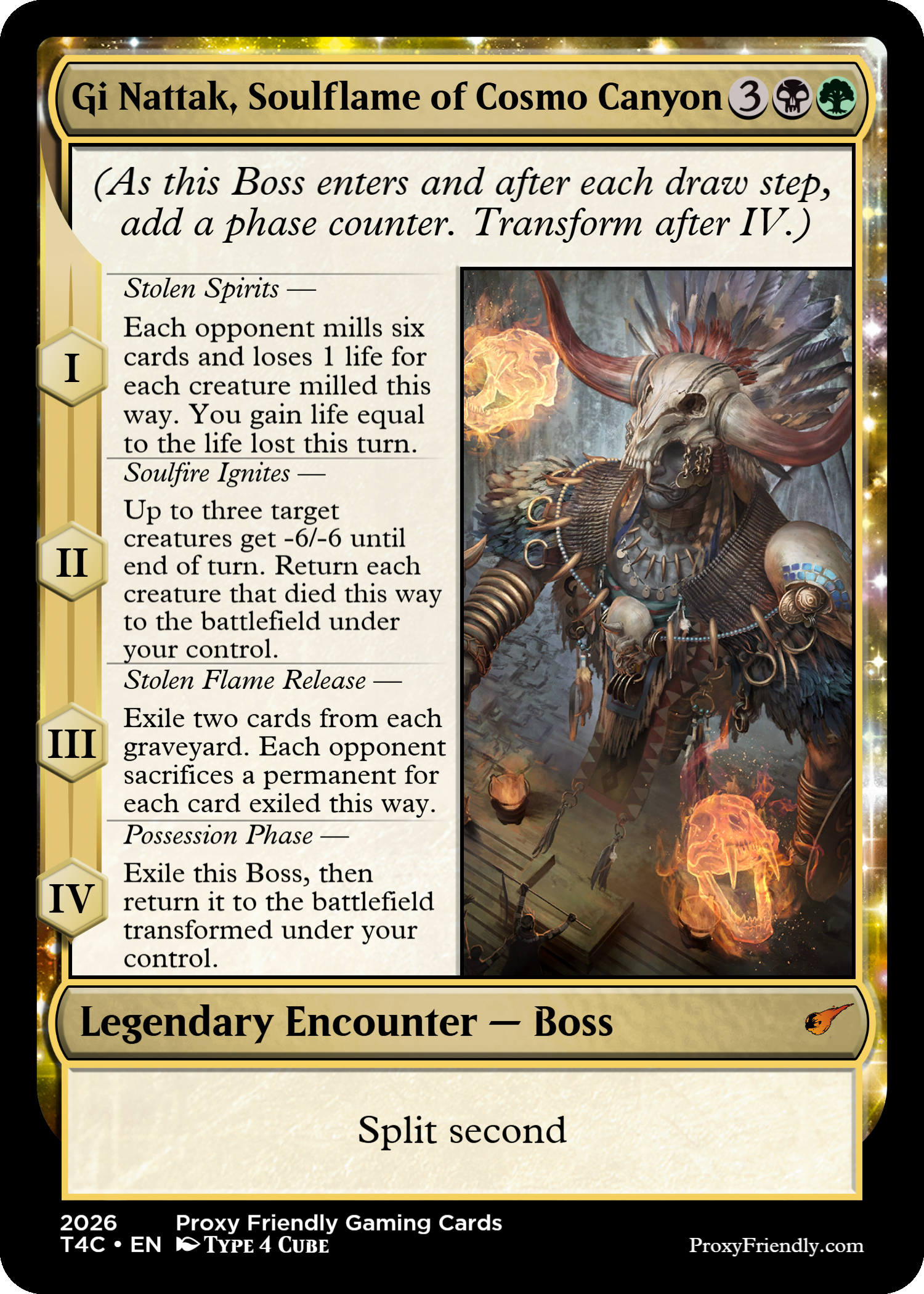 A Magic: The Gathering card titled 'Gi Nattak, Soulflame of Cosmo Canyon' featuring artwork of a shamanistic figure wearing a bone mask and tribal attire, surrounded by flames and dark, mystical elements.