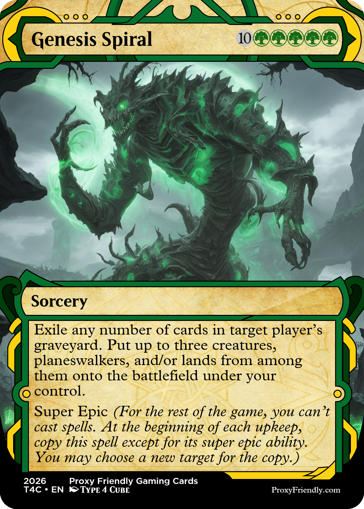 A dark, monstrous creature with glowing green accents, claws, and jagged features, looming in a cloudy, mountainous landscape.